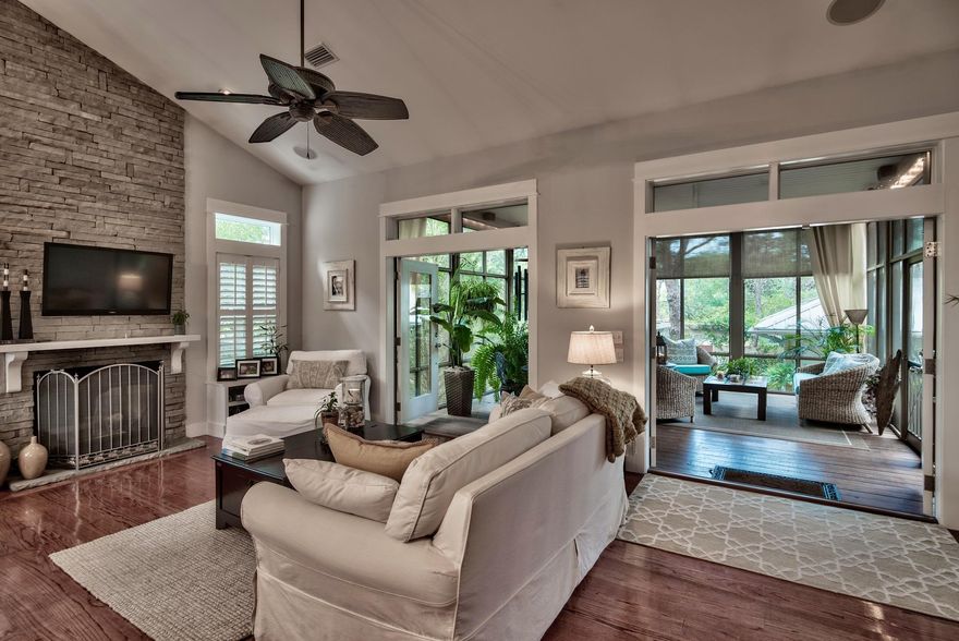 Fantastic opportunity to own your private oasis, -1/2 mile from the beach! Summer Ridge South, a small gated community nestled among native vegetation and mature oaks, is located closely to shops, restaurants and Santa Rosa Golf and Beach Club. This home features a master suite on the first floor and two additional bedrooms and bath on second. The kitchen is a dream for any gourmet cook, featuring broad granite countertops, a farmhouse sink, and stainless appliances, including a double convection oven, a gas range, and extra-wide refrigerator. The home is accented with beautiful wood floors and stone fireplace combined to make the living area feel warm and inviting, while the cathedral ceiling and ample windows ensure that you are always filled with light.