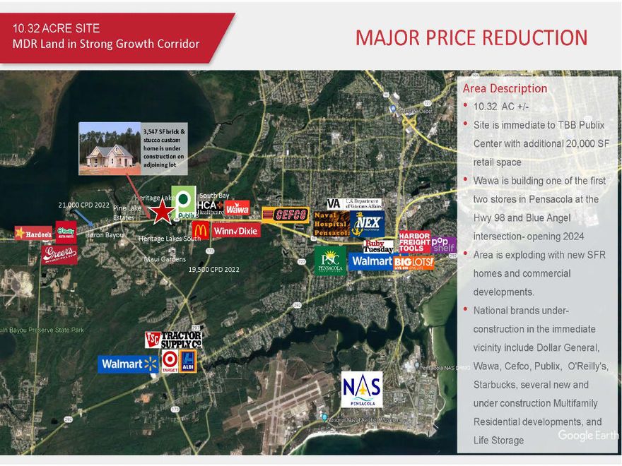 10.32 AC +/- Parcel with over 350 FT Frontage10.32 AC Vacant Land on HWY 98 W. located between Blue Angel Pkwy and the Heron Bayou bridge. Heavily wooded, with wetlands on the mid-to rear portion of the site, but has a possible uplands homesite on HWY 98 W. The subject property is located in an area of intense growth with a heavy increase in home values and new construction. All utilities run along the HWY in front of the property.Seller will retain all sub-surface rights, including without limitation, all water, energy, and mineral rights pertaining to the property. Property is being sold 'as is' 'where is' with the right of inspection.