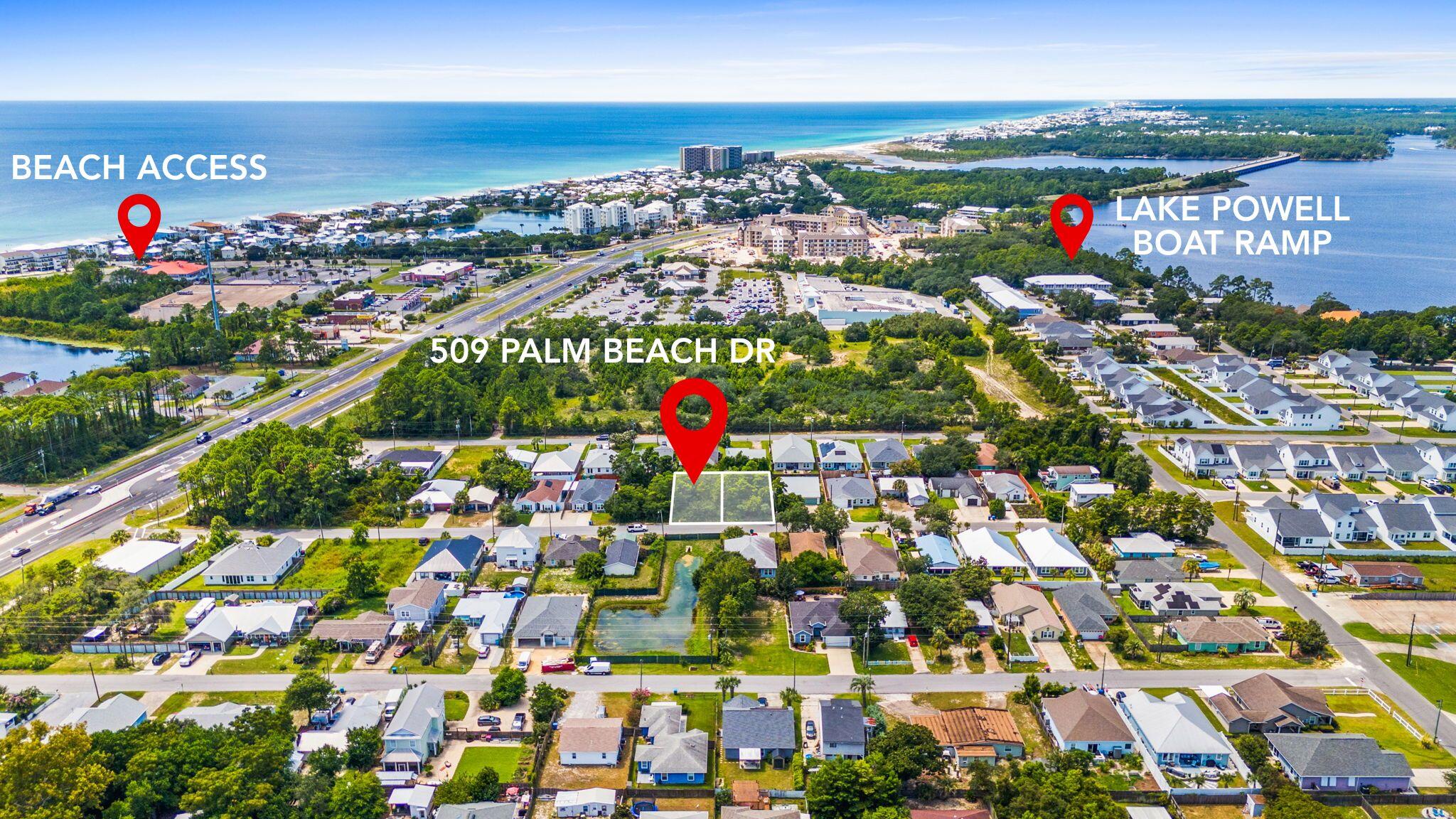 Discover the perfect canvas for your beach retreat on this 50' x 105' homesite at 509 Palm Beach Drive, ideally located on the desirable west end of Panama City Beach. Tucked into a quiet neighborhood yet just minutes from the Gulf, this property presents a rare opportunity: purchase the adjacent vacant lot as well to create a double homesite at a bundled price. With no HOA restrictions, public sewer available at the street, and plenty of space to design your ideal coastal residence, the options are wide open. Build your dream home, a vacation escape, or maximize income potential with a short-term rental. For builders, the ability to secure two side-by-side parcels offers the perfect chance to deliver multiple projects in a high-demand market. From this prime location, enjoy the best of both worlds, the serenity of Lake Powell and pristine Gulf beaches just blocks away, plus convenient access to 30A, Inlet Beach, Rosemary Beach, Pier Park, local dining, shopping, and entertainment. With land availability on the west end shrinking, opportunities like this don't come along often. Offered at $155,000 each or $300,000 for both lots together, an unbeatable value for such a versatile setup.