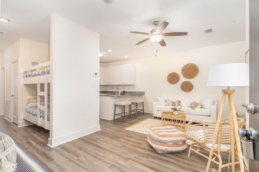 Beautiful new and modern buildings with clean lines and crisp finishes anchor this wonderful location in Blue Mountain Beach on 30A. Easy beach access via Spooky lane or Gulfview heights road. Beautiful zero entry pool and charming fitness center , 9 ft ceilings, granite counter tops in kitchen & baths and Numa balcony doors are just a few of the upscale finishes used in this new development. Modern VPL floating floor thru-out. Pictures and video are furnished model , unit floor plan is identical for all one bdrm units