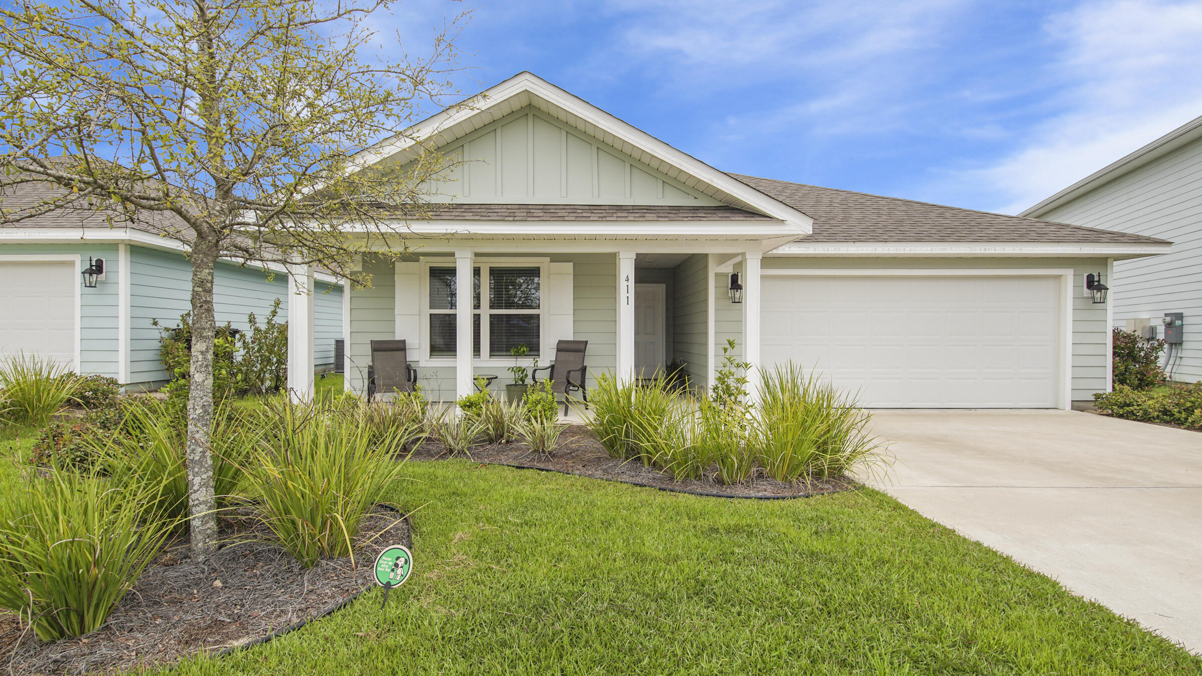 Come check out this beautiful; newer built home in the highly sought out neighborhood of Hammock Bay. This single story 4 bedroom, 2 bath home features vinyl flooring throughout the common areas with carpet in each bedroom, traditional 8' ceilings, Moen faucets, laminate countertops and ample space to roam. The kitchen features shaker style cabinetry, stainless appliances include; dishwasher, stove and microwave as well as a corner pantry. Exterior features include Hardi Vinyl siding, steel garage door and front door, dimensional shingles, and beautifully landscaped yard. Not to mention the resort style amenities of Hammock Bay which include a resort style pool, lap pool, tennis courts, pickle ball courts, fitness center and much more. Call today before it is gone!