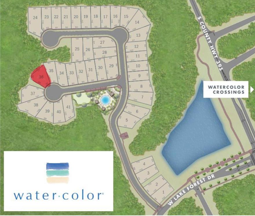 This Lot is located in the new exclusive area of Phase 5 Watercolor. The Park District is offering 41 custom homes sites, many already built, in the only rental restrictive area of Watercolor. The back of this lot spans along a Preserve offering the homeowner ultimate privacy while still enjoying all the highly sought after Watercolor Amenities.