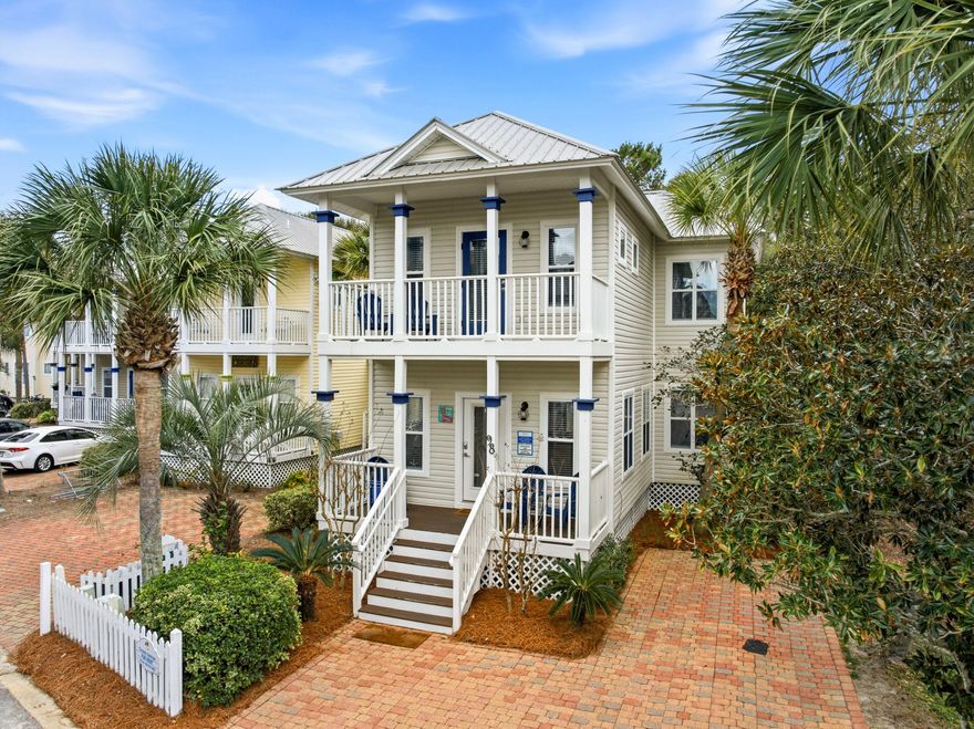 South of 30A and just steps from the sugar-white sands of the Gulf, this charming coastal cottage offers an exceptional location with effortless beach access. Tucked between the dining and shopping options of Blue Mountain Beach and Gulf Place, the location offers both walkability and convenience.Set within the Old Florida Cottages community, this intimate neighborhood is known for its palm-lined streets, lush tropical landscaping, winding brick walkways, and classic white picket fences. Residents enjoy a heated community pool with an expansive sun deck and covered lanai, ideal for relaxing after a day at the beach.Positioned adjacent to the community pool, the home enjoys a prime setting within the neighborhood. Inside, the designed floor plan features two spacious upstairs bedrooms, each thoughtfully connected to a covered porch and accompanied by two full baths. A convenient half bath is located on the main living level. Covered porches also extend the living space outdoors, ideal for sipping morning coffee at sunrise or unwinding after a day at the beach as the sun sets. With the beach only a short stroll away and shopping and dining just moments from home, this property offers an inviting coastal retreat in the heart of Old Florida Cottages.