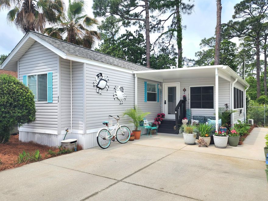 Beautifully Updated 2BR/2BA Unit in Gated, Golf Cart-Friendly Emerald Pointe Community Welcome to your beach retreat! This charming and upgraded two-bedroom, two-bath home is located in the highly desirable, gated community of Emerald Pointe--a golf cart-friendly neighborhood offering exceptional amenities and a relaxed coastal lifestyle. Situated at the back of the complex for added privacy, this unit offers serene views of a peaceful creek and wooded area--no back neighbors, just nature to enjoy! Over the past few years, this home has undergone significant upgrades, including a 12' x 20' addition that creates a spacious extra living and dining area. Other updates include: " Fresh paint throughout " New flooring throughout " New HVAC system " New mini-split system in the addition " New hot water heater " Newer Kohler toilets " Updated ceiling fans and light fixtures throughout Along with the new addition and updates, there is a private screened in back porch that is the perfect place for your early morning coffee or a place to relax in the evening. The home is mostly furnished and move-in readyperfect as a permanent residence, second home, income rental producer, or beach getaway. Community amenities at Emerald Pointe are extensive and include: " Two community pools (one seasonally heated) " Clubhouse with a full kitchen " Fitness center " Barbecue grill area " Lawn maintenance and pest control " Cable, sewer, and water included " Beautifully maintained grounds Located just a short distance from the white sandy beaches and emerald green waters of the Gulf of Mexico, you'll also enjoy being close to local restaurants, grocery stores, and popular attractions. Don't miss this opportunity to own a beautifully updated home in a sought-after beachside community. Schedule your private showing today! All measurements and items of importance are to be confirmed by the buyer or buyers agent.