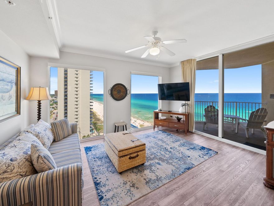 Ideally positioned in a gulf-front high-rise, this gorgeous condo has sweeping views of the gulf, beach and pier. The entrance door opens into a hallway with built-in bunks and doors to the bathroom and bedroom. It leads directly into an open sitting/dining area where this coveted corner unit's advantages are crystal clear. Dual aspect windows deliver panoramic gulf-front views and abundant natural light. Glass sliders lead out to a deep corner balcony for enjoying the sights and sounds of this gulf-front paradise. The recently renovated kitchen has a new stainless steel sink, new sink under-cabinet and pristine quartz countertops. A raised bar has ample space to accommodate four for breakfast, snacks and cocktails. White cabinets match a full range of white appliances. The unit has gorgeous vinyl plank and tile flooring, solar blinds and a Carrier air handler. This well-appointed one-bed, one-bath unit can comfortably sleep six.  The spacious master bedroom has a queen bed, storage closet and plantation shutters.  A door connects directly to the bathroom with a single vanity and a shower/tub combo. This unit also has a comfy queen sleeper sofa in the living area, and the bunk alcove has twin-over-twin bunks. There's also ample storage, including a laundry closet with a stacked washer/dryer and ironing board. Ideal for investment, the unit comes with an additional owner's storage unit outside. Tidewater has excellent amenities including two expansive resort-style pools and a heated indoor pool for year-round enjoyment.  There's a well-equipped fitness center, bubbling spas, and direct access to the beautiful white sand. The covered parking garage has a convenient walkway to the condo and conference center. Nearby, Pier Park offers a plethora of shopping, dining and entertainment. Destin, Silver Sands Outlet Mall and popular 30A attractions are within easy reach along with the airport. This tastefully appointed condo presents a fantastic opportunity as a second home or investment with its outstanding gulf-front location and superb amenities.
