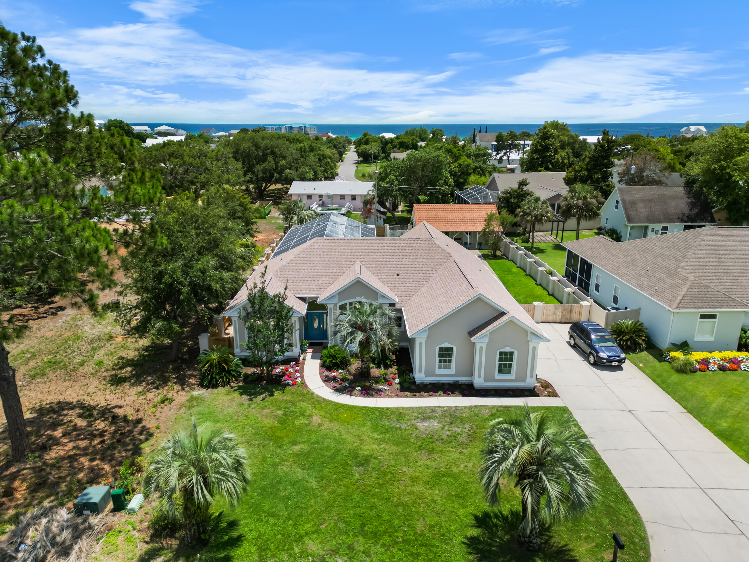 Located just a few blocks from Sunnyside's dedicated beach access, this 3 bedroom/ 2 bath home sits on an oversized, fenced lot in the desirable Gulf Vista neighborhood of the West End of Panama City Beach. Constructed with durable Hebel block, known for its energy efficiency and resistance to fire, wind, sound, and termites, this home was built with longevity and low maintenance in mind. Interior features include high tray ceilings, a split-bedroom layout, travertine and ceramic tile flooring throughout most of the home, and an updated kitchen.The property includes a private pool and a separate detached studio that could be used as a flexible space for guests, a home office, or creative use. The Master Bedroom includes a Jacuzzi tub, separate tiled shower, double vanities and ample storage in the walk in closet. Additional highlights include a formal dining room, sunroom, central vacuum system, security system, sprinkler system, and a spacious two-car garage.
Conveniently located between Santa Monica Beach and Sunnyside on Panama City Beach's West End, the home offers quick access to local dining, shopping, churches, and scenic Highway 30A. Home is offered unfurnished.
Fully staged (furnishings and d??cor available for separate purchase)