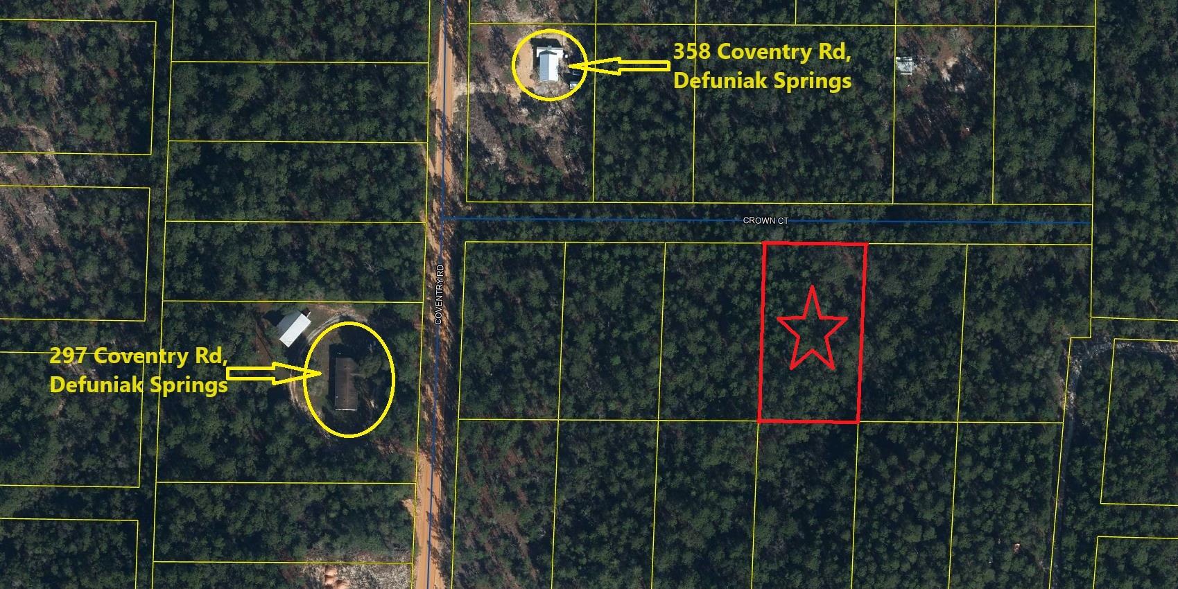Wooded lot in growing Mossy Head area of Defuniak Springs on just under 1 acre (.92), Property is located minutes from Blackstone Golf Course and I-10. Defuniak Springs and Crestview apx. 20 minutes and apx. 40 minutes to Niceville and Eglin AFB. Parcel is located on Crown Ct (road access has not been cleared). At this price, would be a great opportunity to invest now, wait a few years for the area to develop around and re-sell later down the line. 2023 property taxes $51.15.