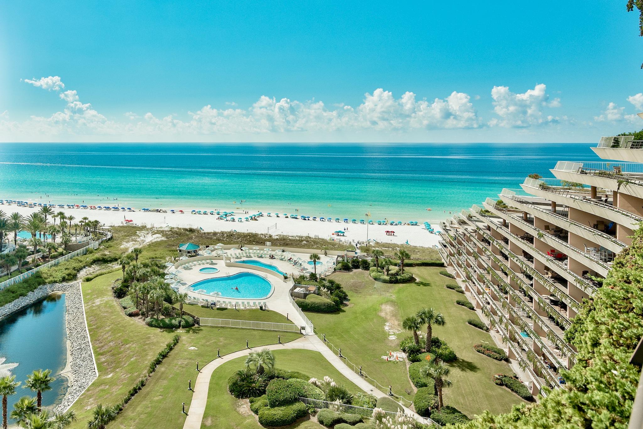 ANYTHING BUT ORDINARY! This extraordinary beautifully remodeled 13th floor condo offers spectacular views of the gulf & coastline along with high-quality updates including gorgeous marble-finish tile, fabulous cabinets with special lighting in the kitchen & baths, decorator vanity bowls, updated tile shower with jets, & a wet bar with wine cooler to name a few. Both the living area & the master bedroom have access to the spacious balcony. Edgewater Beach is a popular family-orientated gated complex with many vacation renters returning year after year. Amenities include over 400 feet of waterfront, two levels of covered parking, two swimming pools (one with waterfall), a children's pool, & a heated spa. Edgewater is ideally located to the Outlet Mall, many restaurants, & Winn-Dixie.