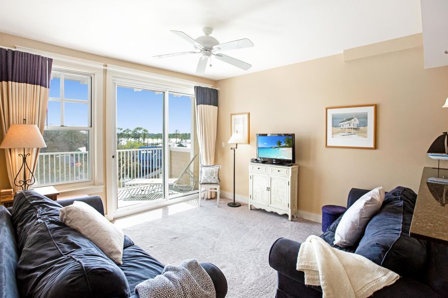 Enjoy being close to the entertainment, shopping, & dining of Baytowne Wharf? This top floor condo is just what you are looking for. You'll enjoy impressive bay views from the private balcony that overlooks the Village of Baytowne Wharf's event plaza, where you can take in the seasonal weekly concerts or a display of fireworks without ever leaving the comfort of your condo. The kitchen is fully stocked and ready for you to fix your favorite meals. The bonus room currently features bunkbeds and a t.v. Observation Point owners have exclusive access to the lushly landscaped amenities terrace featuring a resort style pool, fitness center, lawn, and lovely grilling area as well as to the Founders Club, featuring a game room with pool table and bar and a balcony overlooking the events plaza.