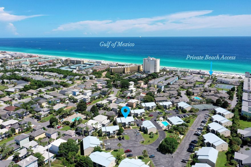 TOP FLOOR 2 bedroom/2 bathroom fully furnished unit at the popular Chateau La Mer. This condo has a large kitchen/dining/living room combination perfect for entertaining after a day at the beach. Step outside to a private patio providing peace and quiet overlooking green space. The master bathroom has been updated to include a walk-in shower.  Off of the patio is a laundry room with storage for beach toys.  Chateau La Mer is located off of gorgeous Scenic Hwy 98 with restaurants, bars, and shopping. This complex has numerous amenities to include deeded beach access, private pools, tennis/pickleball courts, playground and BBQ Grills. The HOA replaced roof, siding and updated parking lot recently. Rental projections are up to $38k and this unit has a loyal snowbird who comes back each year! HVAC 2017
Water Heater 2024