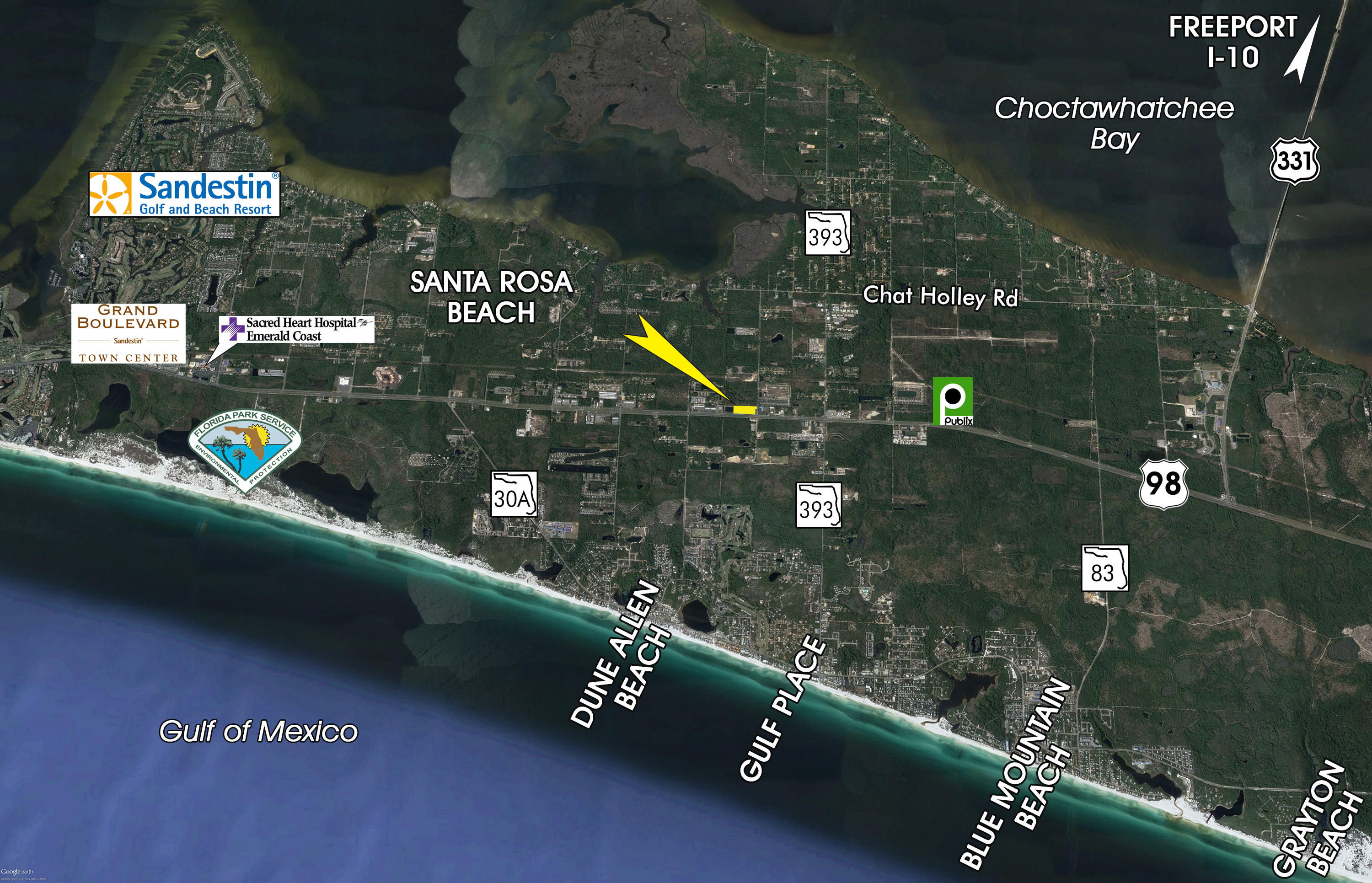 PRICE JUST REDUCED $450,000.00!! A highly visible corner parcel in South Walton County at South Church Street and Highway 98, totaling +/-6.19 acres and containing 800+' along Highway 98 offering the desirable future land use of Village Mixed Use. This premier site is located within 1.5 miles to the new Publix Supermarket in Santa Rosa Beach! Buyer must verify all information and specifications.