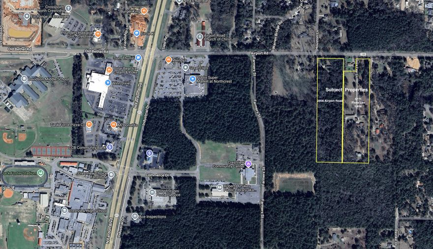 Prime 18.75 AC development site along Crestview's growing Airport Road corridor. Property includes two structures with driveways, carports, storage buildings, and a pole barn. Level, partially cleared land with mature oak trees offers immediate use or future development potential. Approximately 330 feet of road frontage with utility access in place. Located minutes from Hwy 85, Hwy 90, I-10, Crestview Commons, Publix, hospital, and schools. A rare opportunity for investors or developers in a high-growth area.
