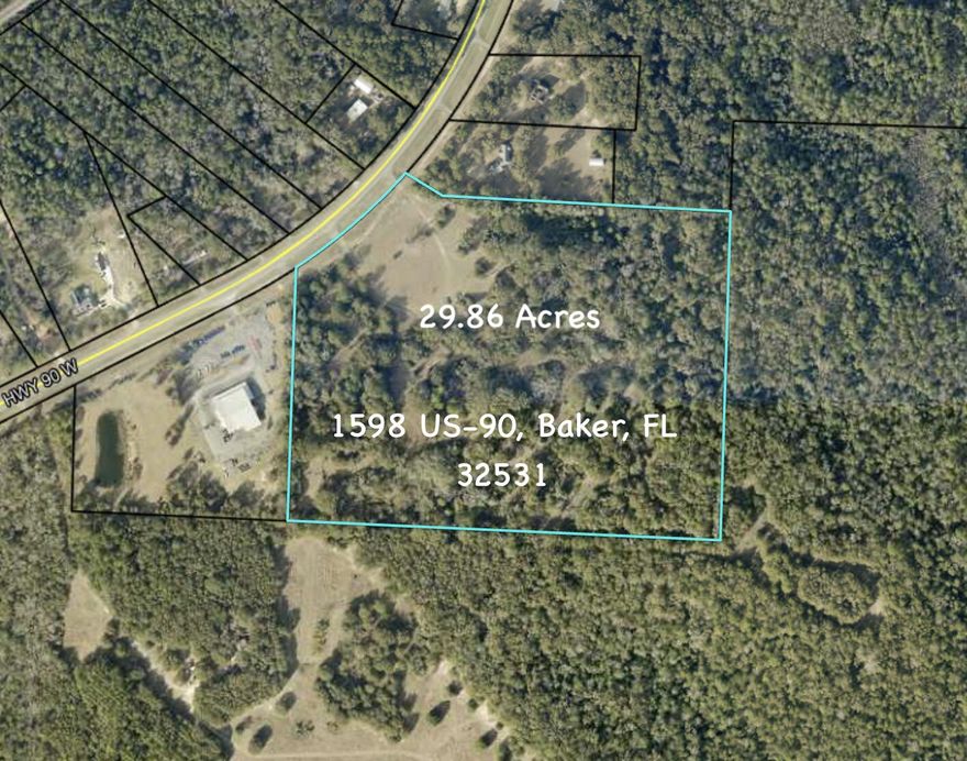 Endless potential on almost 30 acres in Baker, Florida! This 29.86-acre property offers a mix of cleared and wooded land, making it ideal for agricultural use, livestock, recreation, or future development. With direct frontage along Hwy 90, you'll enjoy convenient access while still maintaining the privacy and wide-open space that makes this area so desirable.Whether you're looking to create a private homestead, ranch, or long-term investment, this property provides the space and flexibility to bring your vision to life. Also included is a brick home built in 1963 with 3 bedrooms, 2.5 baths, and nearly 2,000 square feet. The home is ready for renovation, offering a solid structure that can be updated to meet your needs or replaced with new construction.