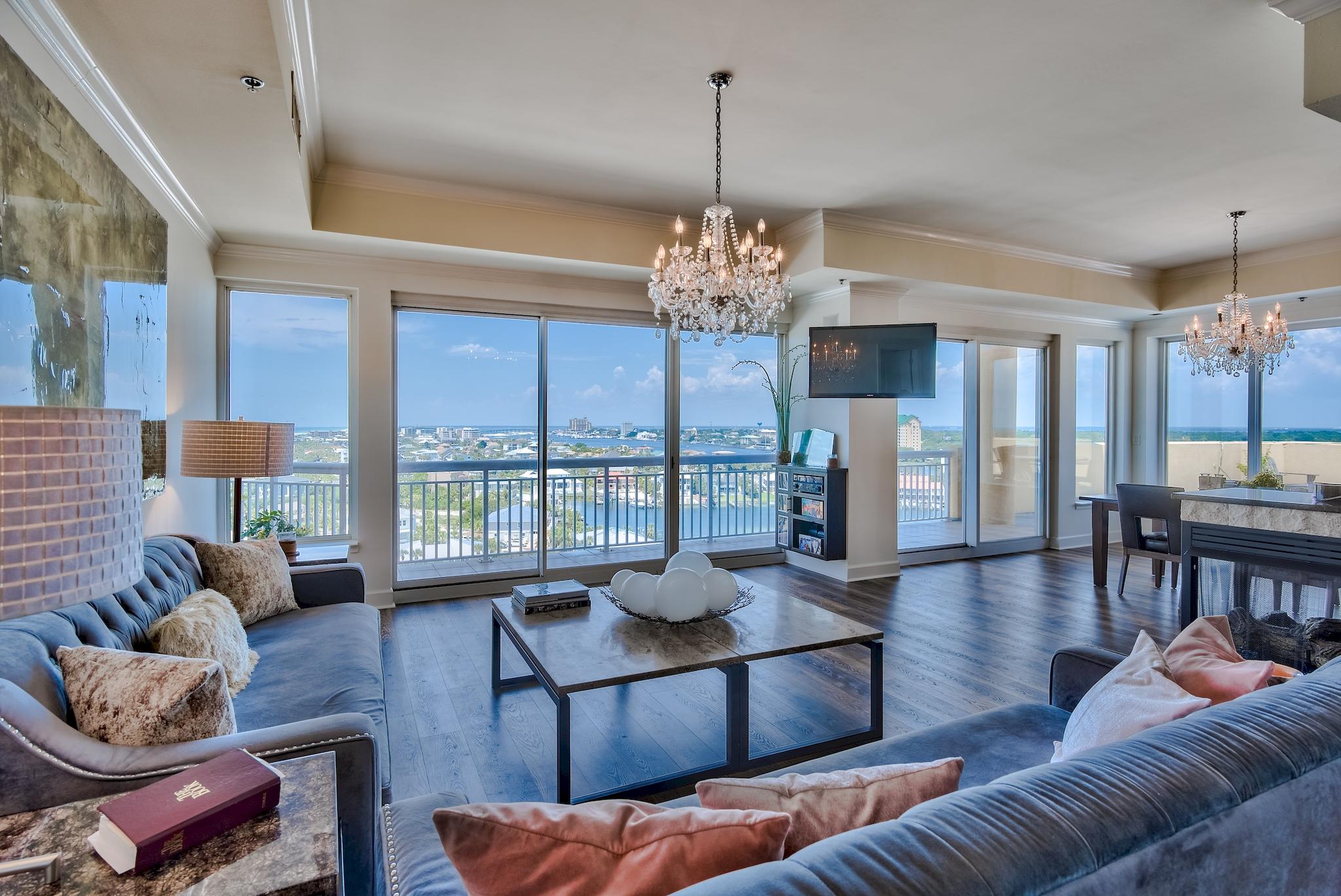 Luxury West end/ West facing penthouse with one of a kind panoramic views of the Gulf of Mexico, sugar white sandy beaches, and Destin harbor! This unit has a 1500 sq. ft. balcony with plenty of room to set up a magnificent outdoor living space. Harbor Landing is an ideal location for boater's and beach lovers alike, deeded beach access for this harbor front unit is just steps away.