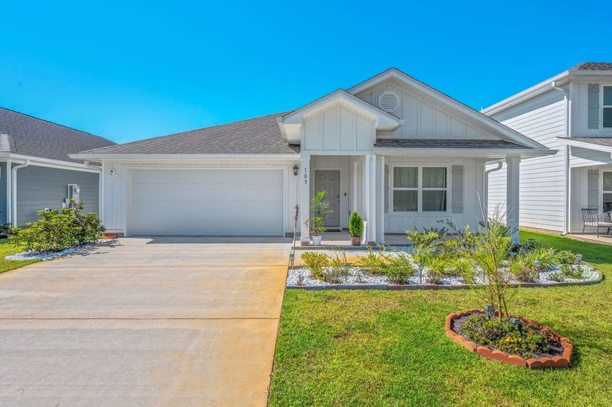 Spacious 4 bedroom, 2 bathroom home available in the highly desirable Riverwalk community in Freeport. This home offers a comfortable split floor plan with an open living area, perfect for family gatherings and entertaining. The kitchen features modern appliances and ample counter space, while the primary suite boasts a private bath and walk-in closet. Enjoy the convenience of an attached garage and a covered patio overlooking the backyard. Located in a welcoming neighborhood with sidewalks and community amenities, this property offers quick access to schools, shopping, and the beaches of South Walton.