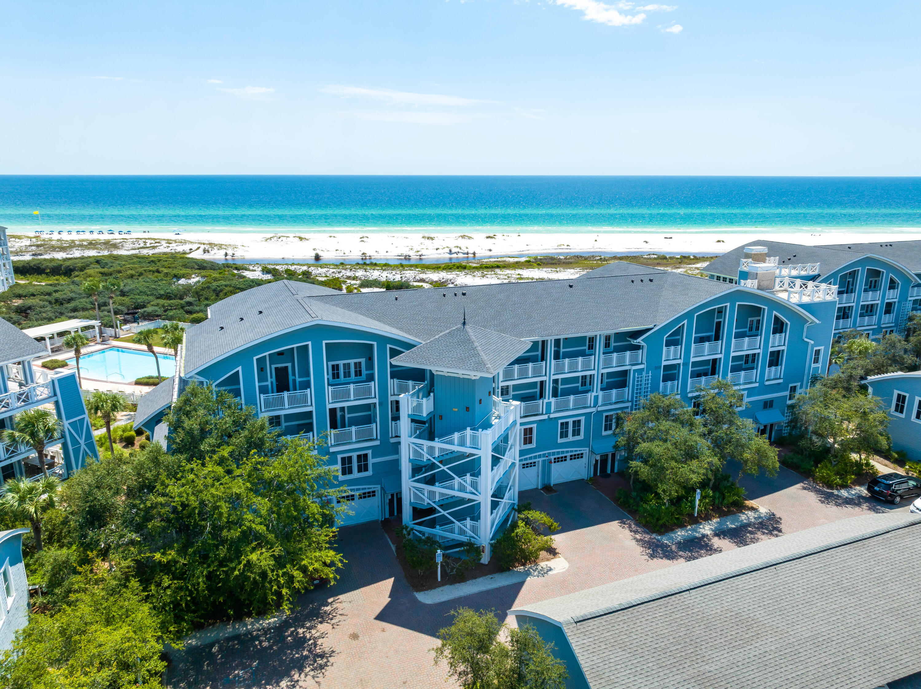 Enjoy breathtaking, panoramic views of the Gulf of Mexico and the towering white sand dunes of WaterSound Beach from this 4th floor condominium in The Crossings. This spacious retreat offers 3 bedrooms, 3.5 bathrooms and an expansive balcony completely covered  for perfect outdoor living. The master suite and one of the additional guest suites provide beautiful gulf views. Additional special features include high  ceilings, hardwood floors in the bedrooms, a gourmet kitchen and a full size laundry room. The Crossings has a gulfside swimming pool with an outdoor fireplace, cabanas and gas grills and direct boardwalk access to a private beach. Amenities in Watersound include an 18 hole puttering park for practicing and fun. The fourth floor units are considered the Penthouse  Units.