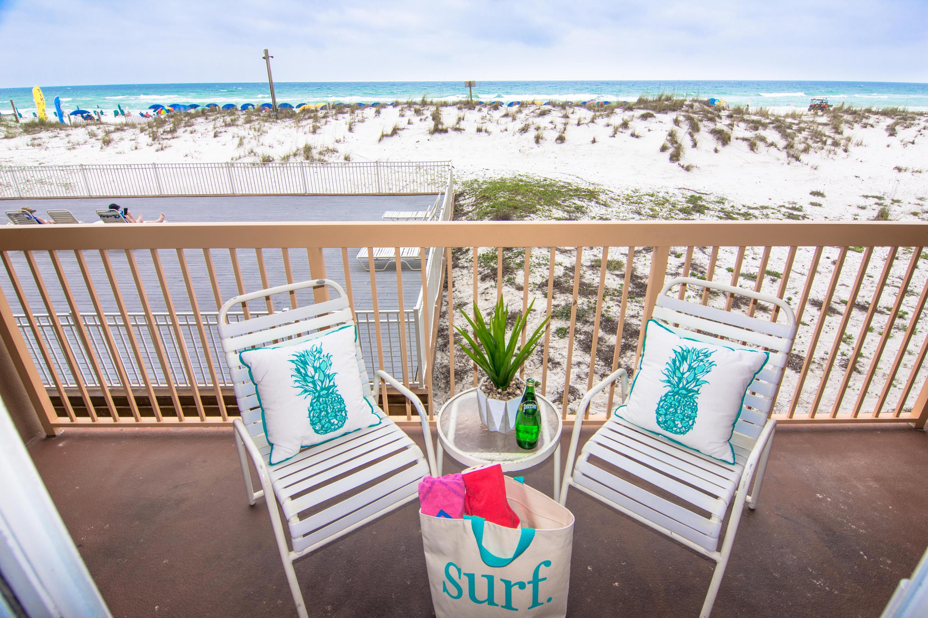 Rental powerhouse in the popular Pelican Beach Resort with a toes-in-the-sand GULF FRONT location on the famed beaches of Destin. Revel in this spacious and fully furnished condo with panoramic views of the Gulf from your balcony and living room with a great first floor location so no waiting on busy elevators - yet sited high above the ground! Decorated with the beach and sun in mind, this condo features: tile floors throughout the condo, renovated kitchen with granite counters and extended breakfast bar, a king sized Master Suite with its own private bathroom and custom built hallway bunks that feature bead board and individual lights plus full sized guest bathroom. Easily sleeps 6 with sofa sleeper!