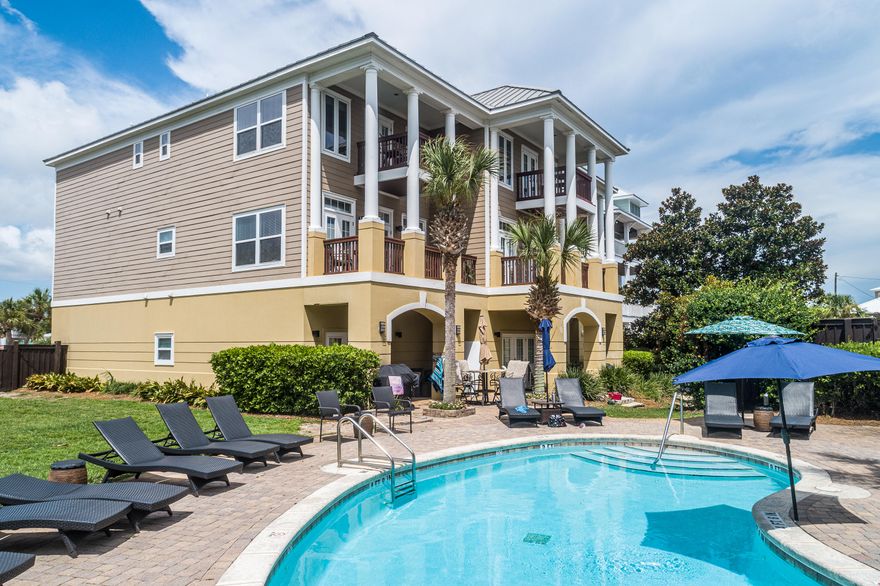 West End Highly Sought After Alluvion Town Home!!Best of all worlds with Gulf and Poolside Views in this small desirable complex of only 7 properties. 5 full bedrooms and 4 1/2 baths on 3 levels offers generous room for gathering and entertaining, or relaxing in private spaces. The unique lock out unit on the lower level provides a perfect suite for your guest or if you decide to rent, can be easily split for additional income. The master suite features a private balcony and large bath with jetted tub and separate walk in shower. Grab a cool one and chill by the pool while recharging before walking across the street to the conveniently located beach access. Excellent Investment Opportunity! Come dip your toes in the sugar sand and emerald waters and call this one home!