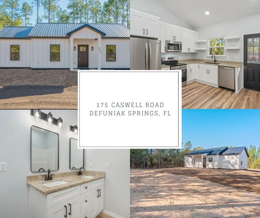 This new construction home is serving up charm on 1.31 acres. Construction is complete and it's move in ready! Nestled on a county maintained road & the curb appeal is on point with fresh sod landscaping, a covered front entry, and a concrete pad, covered back patio. Need parking? No problem. The gravel pad has you covered with plenty of parking space. Wrapped in classic board & batten, Hardie Board siding and topped with a sleek black metal roof, this beauty was built to last. Step inside to an open living space. The living & kitchen areas have vaulted ceilings with the bedrooms and bathrooms all featuring 9' ceilings. If an airy & spacious feel is what you are looking for, this one meets that goal! Luxury vinyl plank flooring runs throughout with shaker style cabinets, granite countertops, and stainless steel appliances. The split floor plan has the master suite off to one side of the home with a double sink vanity & shower-tub combo, while on the other side of the home, sits two more cozy bedrooms cradling another full bathroom. Ceiling fans are placed in ever bedroom and the living area with some recessed lighting throughout. With the spacious property being over half an acre, there's plenty of room to explore options for desired outbuildings. This home was built beautifully and is a must see! Contact your favorite realtor to schedule a tour.