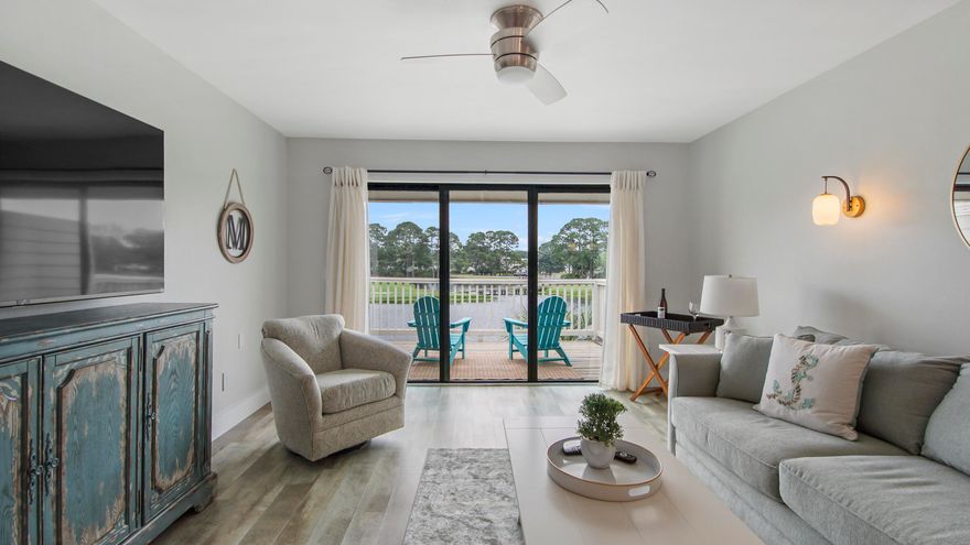Located on the Links Golf course, this coveted top floor corner unit is the one you have been waiting for...You will be wowed by the panoramic spectacular lake and golf course views. Imagine relaxing and enjoying the gentle warm breeze while watching the amazing sunrises and sunsets. Decorated in a coastal luxury theme, you will find lp flooring, new paint throughout and all brand new furniture from Tuskers. The open floor plan features water views from the kitchen, dining and living room. The well appointed kitchen has granite countertops, stainless steel appliances and 2 breakfast bars with Serena & Lilly barstools. The master bedroom offers brilliant natural light with a partial water view.