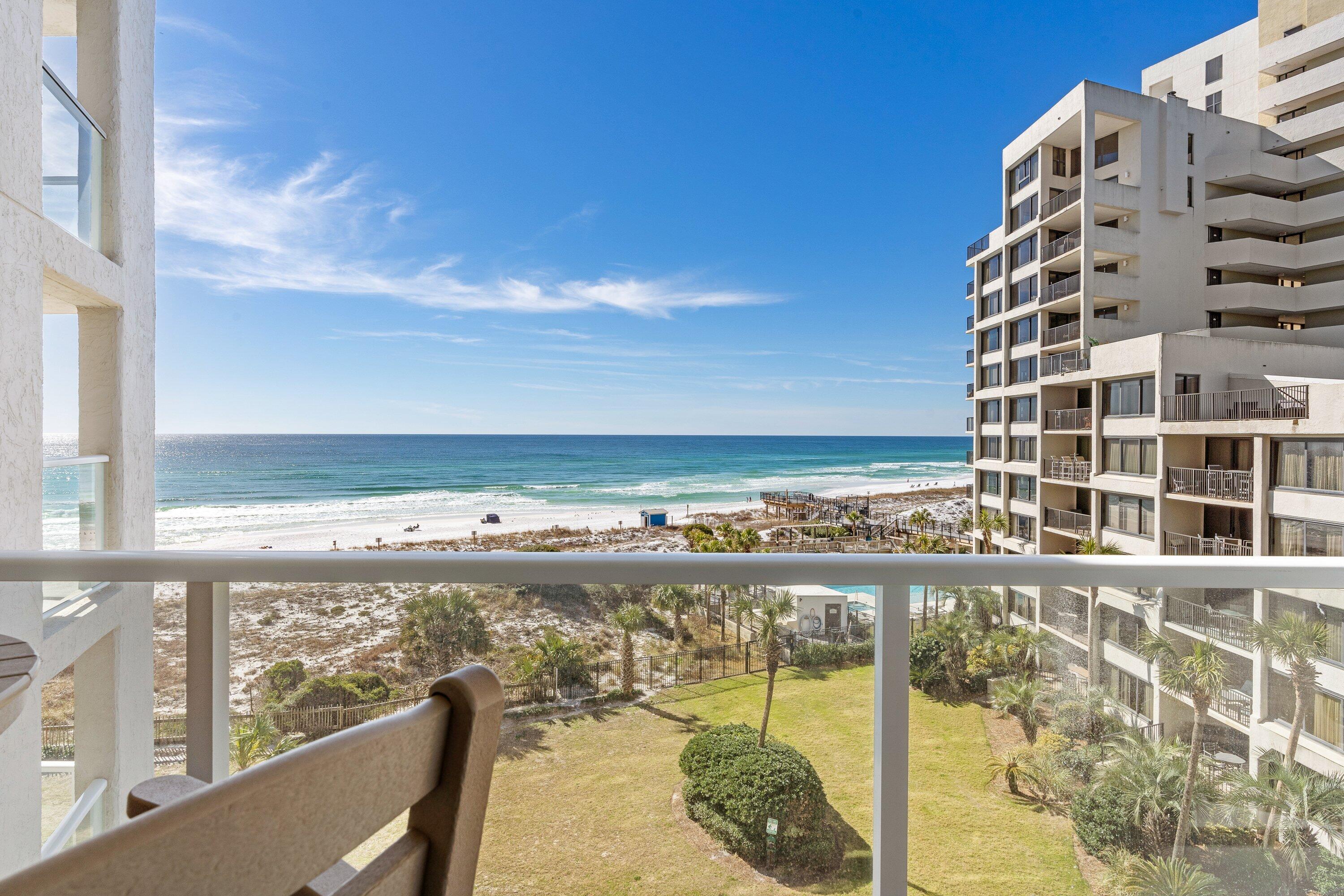 BEACHFRONT AT SANDESTIN GOLF & BEACH RESORT. This 5th Floor BEACHSIDE TWO Corner Unit STUDIO with 180 degree Views to the Beach and the Resort. NOT YOUR TYPICAL STUDIO. This End Unit has been TOTALLY UPDATED and is Very Spacious with a Full Kitchen and Eating Area, a King Size Bed Along with a Sleeper Sofa and a Large Balcony. Porcelain Plank Floors flows throughout the condo for low maintenance. Bathroom has been Totally Updated with New Tile and Glass Shower Door.Beachside Two Offers a Private Beach Access, Refreshing Pool and an On Site Fitness Center. STRONG RENTAL INCOME.MOVE IN RENTAL READY.