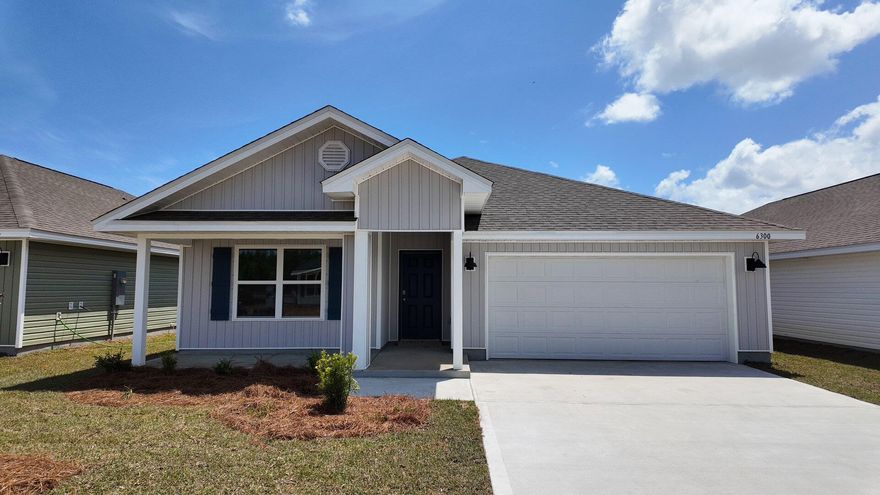 Welcome to Rivers Cove featuring a beautiful community pool and playground. The Cali model, one of our most sought-after designs, offers a fantastic open layout for relaxed living. Offers 4 bedrooms, 2 bathrooms, a covered back patio, 2-car garage, and the 'Smart Home Connect' System with various convenient Smart Home devices. The well-appointed kitchen includes stainless steel appliances, a smooth-top range, built-in microwave, quiet dishwasher, corner pantry, island bar, eye-catching wood-look flooring, and plush carpet in the bedrooms. Bedroom 1 and the adjoining beautiful bath boast a large walk-in closet, double vanity sinks and more. Fabric Hurricane window and door protection is also included. Enjoy the stylish curb appeal in the rapidly growing area.