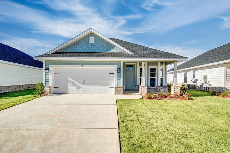 Builder pays most closing costs when a preferred lender is used.  In addition,  3.99% fixed rate financing is offered on this home for VA/FHA buyers along with up to $10K flex money.  THE BLUFFS is a new Freeport subdivision located just a 20 minute drive to South Walton beaches!  Craftsman style, 3 BR/2 BA home with Hardiboard siding and brick skirt.  The interior features 9' ceilings throughout, and 10' trey ceilings in the Living Room and Master Bedroom.  Bay window provides for a sunny dining room.  8' entry doors, quartz countertops and durable CoreTec Pro Plus luxury vinyl plank flooring throughout.  Large walk-in master closet