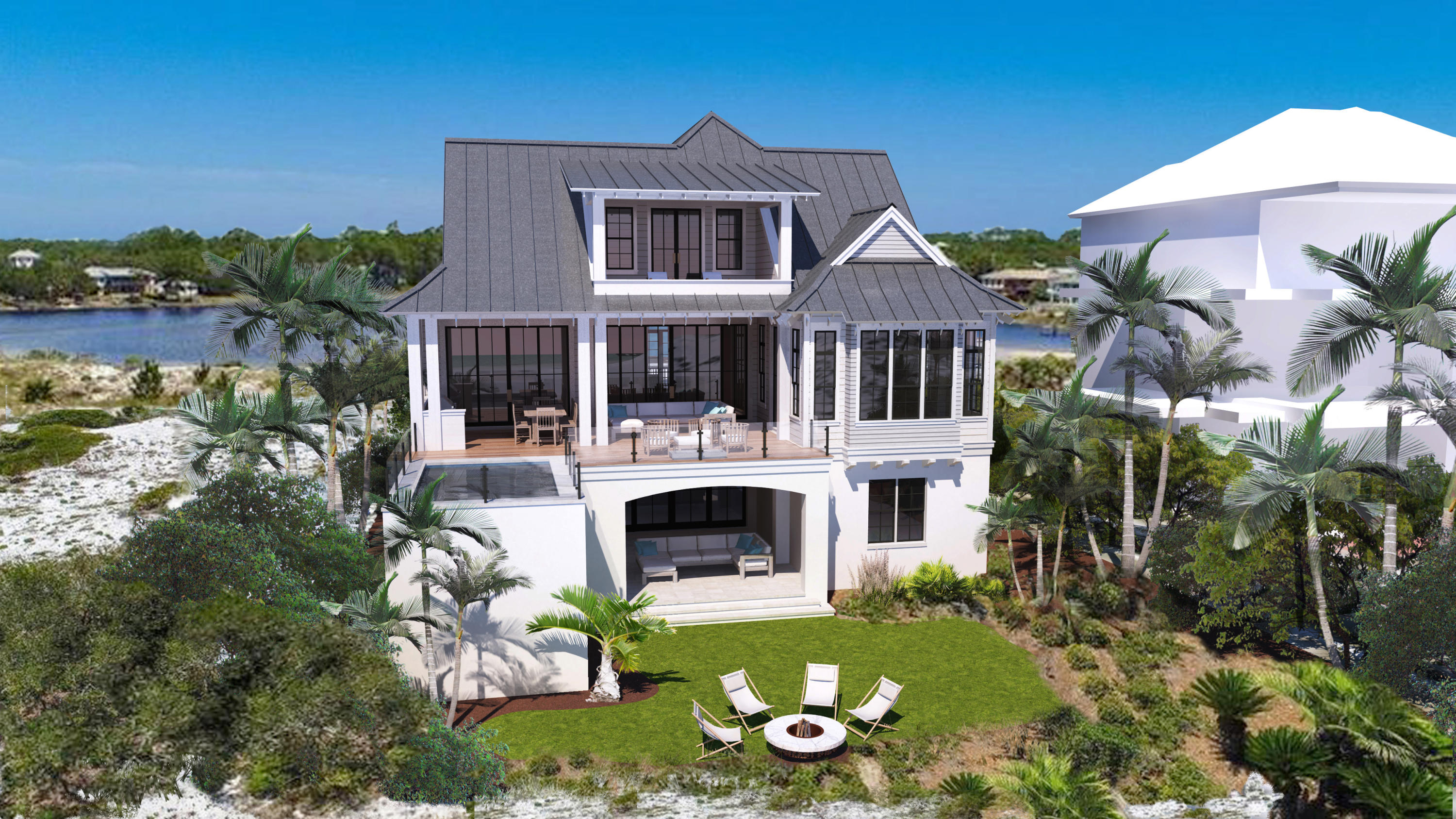 Sweeping views of the Gulf of Mexico and Eastern Lake combined with astonishing architecture exemplify this incredible property. Ideally located within the heart of Seagrove Beach, this estate offers outstanding access to enjoy all 30A offers including the sugar white sands, emerald waters, world-class fishing, first-rate dining and luxury shopping. This exceptionally designed new construction home offers multiple living spaces, six bedrooms, six full bathrooms, one half bathroom, a private garage, ample additional parking, a private pool and an unprecedented outdoor living space.The ground level of this abode boasts a grand entrance into the home. Through the foyer, enter the large first floor living space. This room contains plenty of room for entertaining, a wet bar with all the