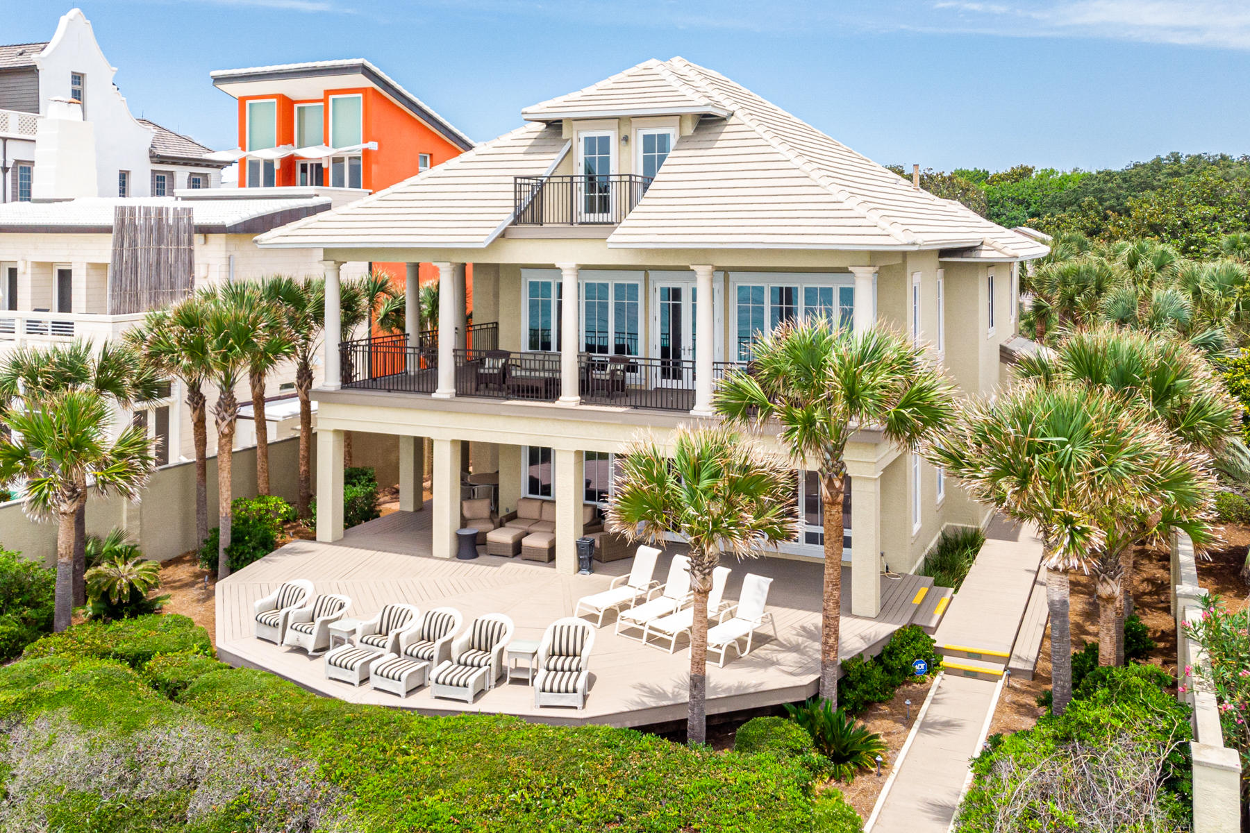 Exquisite gulf front residence located in one of the most desirable locations in our region. This custom-built home, designed by architect Tom Christ, is perfectly positioned along the white sandy beaches of 30A, just adjacent to Seaside. The thoughtful design concept has created a very accommodating floorplan, which consists of 7 bedrooms and 8 1/2 baths. Each bedroom has an en-suite bath and 5 of the 7 bedrooms are Gulf front with stunning views. The main level of the home consists of an open floorplan concept with living, kitchen, and dining intertwined with the large outdoor deck overlooking the Gulf. There's also a main level Junior Master suite as well as bonus room (perfect for media/game room). The second level has a spacious Master Suite with lots of windows framing in the views