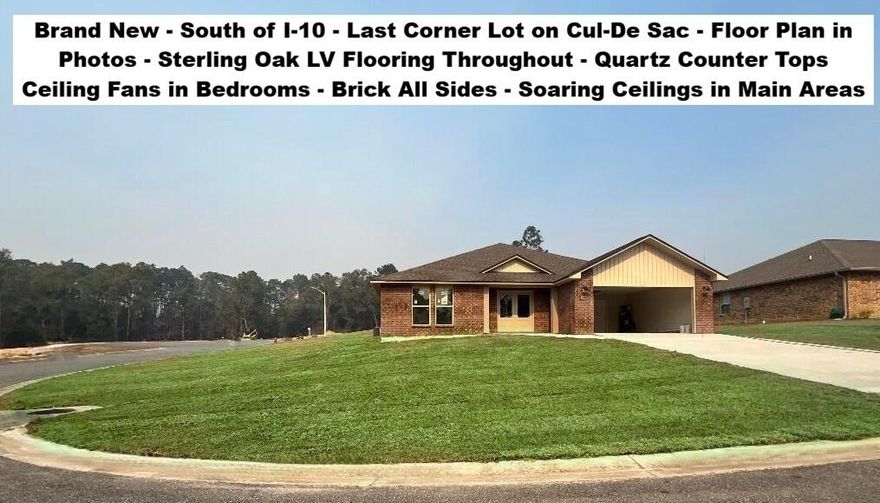Just Completed - South of I-10, CORNER Lot, Cul-de-Sac Street. FLOOR PLAN IN THE PHOTOS. Brand New BRICK Home with 4 Beds, 2 Baths, 2 Car Garage. STERLING OAK LV Flooring THROUGHOUT the entire house. Kitchen with SHAKER WHITE Cabinets, Quartz COUNTER-TOPS, Large Single Bowl Under-mount Sink, WALK-IN PANTRY - STAINLESS STEEL Range, Dishwasher, and OTR Microwave. Dining with 2 Slider Doors, Oversized 9 LIGHT CHANDELIER & Spacious Living Room with 66-inch Ceiling Fan & Soaring Ceilings. MASTER SUITE with Double Quartz TOP VANITY - LARGE Walk-in Closet, SEPARATE Tub and Shower & Private Water Closet. ALL Bedrooms have Ceiling Fans and there is zero carpet in this home. BUILDER PAYS MOST CLOSING COST, ASK FOR DETAILS. Astroguard Hurricane Fabric is included with this home. Garage Door Opener with MyQ App Access. THE SUBDIVISON OF CAMILLE COVE IS IN A GREAT LOCATION ON THE South End of Crestview and CAN BE ACCESSED BY TURNING AT THE 1ST RED LIGHT ON THE SOUTH END OF CRESTVIEW. We have more homes under construction. If you are Traveling from Niceville, Eglin, Duke, 7th Group, Hurlburt, or Fort Walton Beach you will be able to Turn at the 1st Redlight on the South End of Crestview to Access Camille Cove. Close to Shopping & Restaurants. More New Brick Homes Under Construction for 2026. Buyer to verify measurements, school zones, and other items of importance to the buyer.
