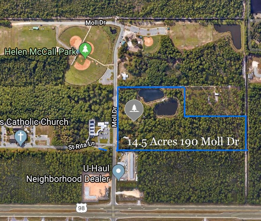 14.5 Acres of pristine land right off of HWY 98. This land is ready for a ''Small Neighborhood'' development, which presently allows up to 10 units per acre. The lot is less than 100 ft away from Walton County's Helen McCall Park, which features Splash Pad, Tee-Ball Field, Baseball Fields, Soccer Fields, Playground, Picnic Pavilion, and Restrooms. Property also features two small ponds. Buildings on property convey as is, as the value is in the land. Wide sidewalk across length of east side of property.