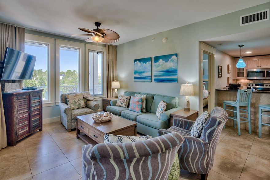 Unique location positioned to view all of the special events center stage at Baytowne Wharf. Stunning renovated Observation Point two bedroom, two bath corner unit with 18'' travertine flooring is seamlessly carried throughout the entry way, kitchen, breakfast bar, dining, living area, and both baths. Newly furnished with contemporary beach style furnishings in the living area, dining, kitchen and balcony. Enjoy a split bedroom floor plan with both bedrooms having views of the Village. The master bedroom features an en-suite with a double sink vanity, walk in shower, and separate soaker tub. Floor to ceiling windows wrap around the living area inviting the natural light to come in. Enjoy spectacular fireworks shows, concerts, parades, Located on the same floor as the wonderful amenity terrace which boasts a resort style pool, hot tub, fitness center, and a beautiful lawn with a grilling area. Owners and their guest also enjoy exclusive access to the Founders Club, a gathering place with kitchen, couches, big screen tv, pool table and balcony overlooking the events plaza.

Sandestin Golf and Beach Resort is a major destination for all seasons and all ages, and has been named the #1 resort on Florida's Emerald Coast. This magical 2,400 acre resort, comprised of over 70 unique neighborhoods of condominiums, villas, town homes, and estates. The resort features miles of sandy white beaches and pristine bay front, four championship golf courses, a world-class tennis center with 15 courts, 4 resort swimming pools (and 15 private neighborhood pools), a 113-slip marina, a fully equipped and professionally staffed fitness center and spa, meeting spaces and The Village of Baytowne Wharf, a charming pedestrian village with events, shopping, dining, family entertainment and nightlife. For true golf cart community living, Grand Boulevard is just outside the resort gates and provides access to additional shopping, dining, and entertainment.