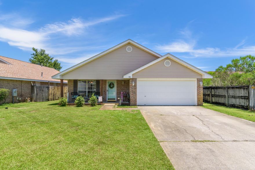 Multiple Offers; submit by Mon at 4 pm. Welcome home to this charming 3 bedroom, 2 bath located in just east of Hurlburt's gate via Freedom Way.  The kitchen has plenty of white cabinets and a convenient breakfast bar that opens into the living room.  There is a pantry and a mudroom off the kitchen. Vaulted ceilings in the main living areas give the space a larger feel. The living room has bright windows, built-in plant ledge/shelf, and a door leading to your backyard where you can relax or entertain on your large patio. The big backyard has a wooden fence for your privacy and enjoyment.  The split-bedroom floorplan includes two bedrooms and a full bath on one side of the home and the master bedroom, with en suite bathroom and large walk-in closet, on the other side of the main living area Pride of ownership shows with this well-maintained home. Some recent updates include: water heater replaced 2020; roof replaced 2017; refrigerator and dishwasher were updated in the last two years. The exterior of the home is brick front and low-maintenance vinyl siding. There is a double car garage and plenty of driveway parking.  The side yard is large enough to park a small trailer or boat.  Emerald Village neighborhood offers sidewalks and an excellent location convenient to military bases, shopping, schools and the beautiful white, sandy beaches of the Emerald Coast.  