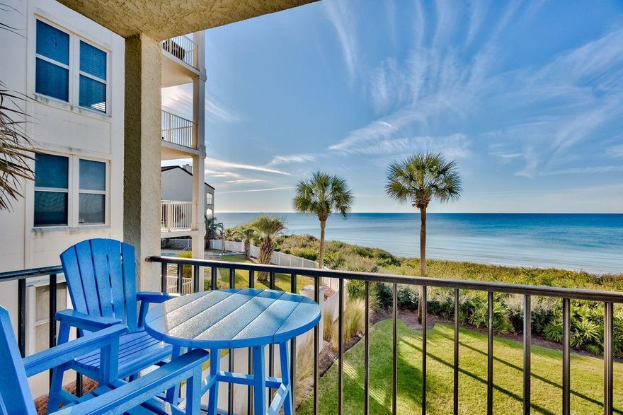 Beach living is the very finest when it's actually on the beach. This gulf-front, 2nd-floor, end condo offers a low density, low maintenance lifestyle where just four three story buildings are neatly clustered around a community pool and the deeded beach access is a few steps from your front door. In the heart of Seagrove, this place embraces privacy and convenience in a very cozy condo. A touch of rustic in wood-style tile floors throughout contrasts comfortably with a bright, contemporary design. The linear living room, dining space and open kitchen assures everyone is in the conversation. This charming kitchen features a breakfast bar, new cabinets, granite counters and stainless steel appliances. The master bedroom boasts an ensuite bathroom with a beautiful, modern tile and glass.