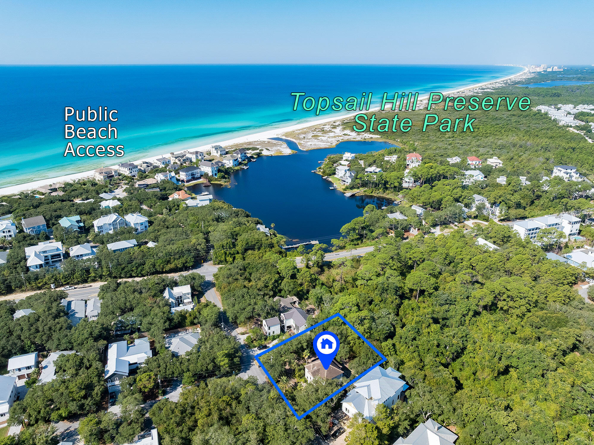 TWO 70x140 lots (.45 ACRES) with an easy walk to the beach and Topsail State Park. Property backs up to a 5 acre green space with a tributary that feeds Stallworth Lake. Rear of property offers incredible sunset views. Possible gulf and lake views around 50ft.Excellent location- quiet end of 30a, a short drive to shopping, hospital, restaurants, and golf courses. One of the best neighborhoods on 30a.