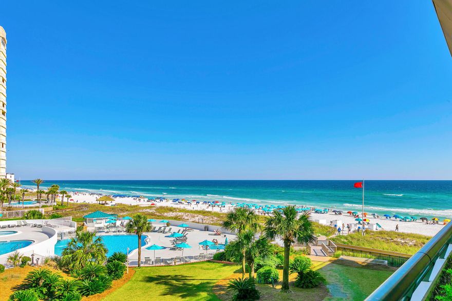 If you know, you know that location & size matters! This 2 bed/2 bath larger floorplan condo is ideally located on the 4th floor, BEACH front condo with unobstructed views! Updates galore, wood look tile flooring throughout for seamless continuity, granite countertops in the kitchen & bathrooms, the primary bedroom with an ensuite bathroom and access to the balcony. Conveys fully furnished and rental ready with room to sleep 6. Skip the elevator with easy stair walk up option and exterior owner's closet! Edgewater Beach is a well-known unique beachfront resort with over 400' of PRIVATE beach centrally located in Miramar Beach...gated with 2 levels of covered parking,