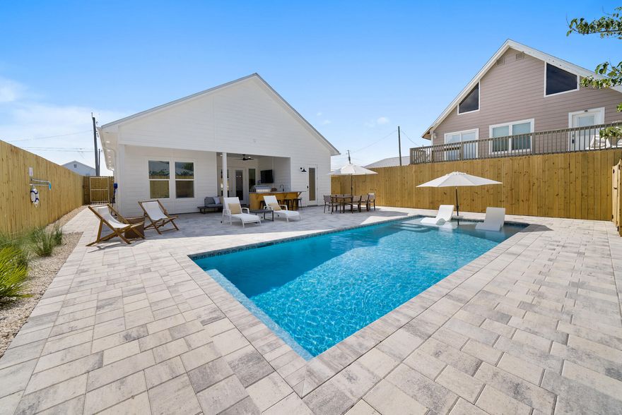 Welcome to 314 Tanaga Street, a stunning new construction (2023) home that perfectly blends luxury, comfort and investment potential.Located on a quiet cul-de-sac on the West End of Panama City Beach this property offers an incredible opportunity as a primary residence or a high-income short-term rental.4 bd w/add. flex room, 3.5 bth, 1,778 sq. ft., 2 car w/EC.10-ft ceilings, 8 ft door, HE light fixtures, glass tile, marble tile, custom Iron Front Door, gourmet kitchen, HE appliances, quartz countertops, custom cabinetry, wet bar.Luxury primary en-suite, dual vanities, zero entry shower, outdoor oasis w/ large heated SW pool, BBQ kitchen, 8 ft privacy fence.Low maintenance artificial turf, perimeter rock beds, zoned sprinkler. On STR program. Agent has equity