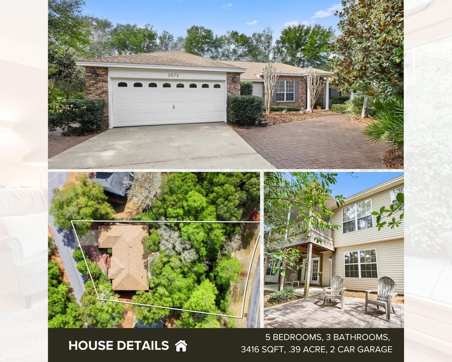 PRICE IMPROVEMENT! Looking for spacious living in the gated community of Parkwood Estates within Bluewater Bay? 1674 Northridge Road offers room to spread out with five bedrooms, multiple living areas, no rear neighbors, and no neighbor directly in front, creating a private and peaceful setting. The home is also conveniently located near the Eglin Range and a community nature overlook and for added outdoor enjoyment.
The main level features an open layout with vaulted ceilings connecting the living and dining areas to a functional kitchen with generous counter space, abundant cabinetry, and a breakfast or coffee nook. Hardwood and tile flooring are throughout the home with no carpet anywhere. The primary suite is located on the main floor and includes backyard views, access to the covered  deck, two closets, one a walk-in, and an ensuite bath with a soaking tub and a separate shower. Two additional bedrooms, a full guest bath, and a spacious laundry room complete the main level.
Downstairs provides flexible space that can accommodate a variety of living arrangements. This level includes two additional bedrooms, a full bath, a large flex room, an exercise room, tremendous storage space, and a separate exterior entrance, offering excellent potential for multi-generational living or private guest quarters. The walk out lower-level design, partially built into the landscape, contributes to energy efficiency and has historically helped keep utility costs reasonable. The layout offers options for extended household needs, hobbies, or workspace.
Outdoor living is a highlight of the property. The large covered deck overlooks a private, wooded backyard with no rear neighbors. A lower-level patio area with pavers and a fire pit creates additional space for relaxing or gathering. An outdoor shower adds extra convenience for rinsing off after yard work, workouts, or outdoor activities. The landscaping is designed to be low maintenance, allowing more time to enjoy the setting rather than maintain it.
The garage is extra deep, providing room for projects or additional storage. The widened driveway with added pavers comfortably fits four vehicles without the need to shuffle cars.
Recent major updates include a 2023 roof, HVAC systems replaced in 2017 and 2022, a 2026 water heater, and an active termite bond.
Bluewater Bay offers convenient access to Eglin AFB, Duke Field, Hurlburt Field, Destin, Fort Walton Beach, and Okaloosa Island, with beaches, dining, and shopping just a short drive away.
