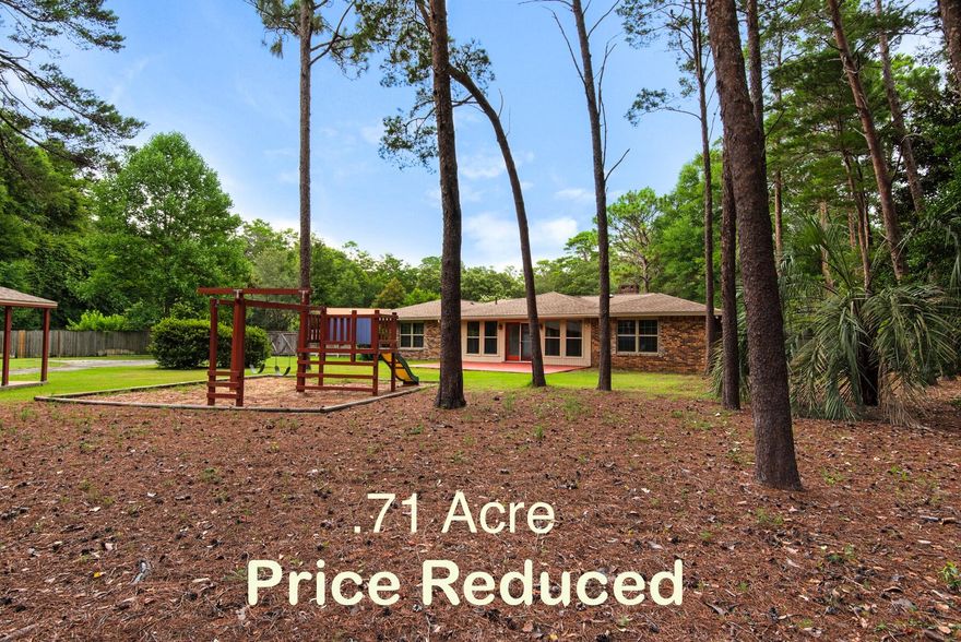 Rocky Bayou home sitting on .71 acres of privacy. The quiet of the cul-de-sac and the expanse of the shaded backyard make this the perfect home. There are multiple living areas, a flex room with a solid core door for noise reduction that shares an enclosed patio with one of the 4 bedrooms. The home also features 2 well appointed bathrooms. A large outdoor concrete patio, a fire pit, and play set for outdoor entertainment. The large workshop/garage in the back provides ample space for any project or additional storage. No HOA and a long driveway make this home special. You will have space for a boat, RV and so much more. There is a park and bike path minutes away. Roof 2024, Water Heater 2017, HVAC 2018.  Come see for yourself.