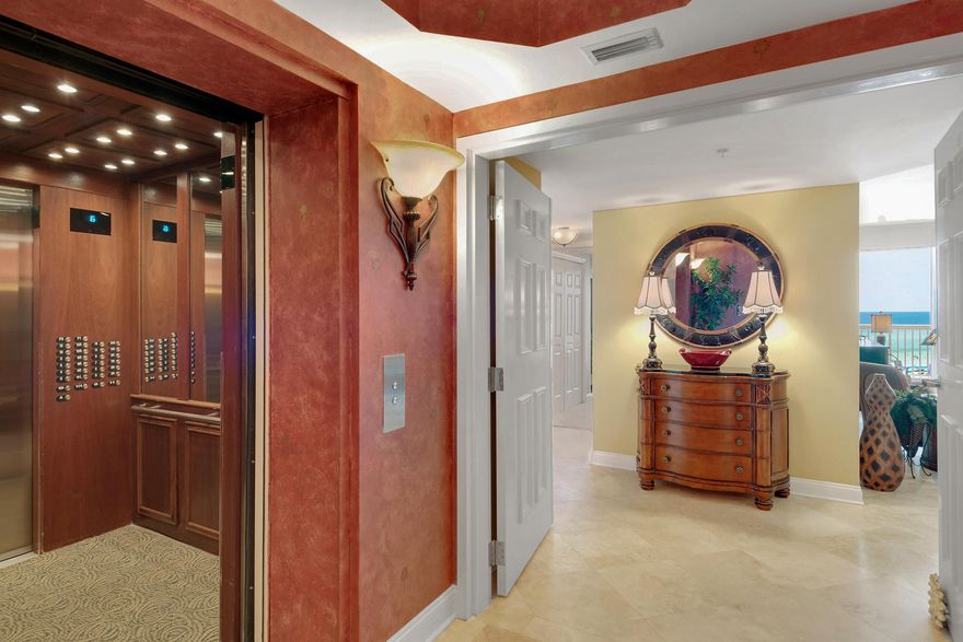 A semi-private elevator opens up directly into this stunning gulf front 3 bedroom, 3 bathroom fabulously furnished condo. The condo was modified pre-construction to allow for a bigger master bedroom and built-in desk in the kitchen. This spacious residence has many upgrades and renovations to include: new carpet in all of the bedrooms; stainless steel appliances in 2011; travertine tile in in the living/dining/kitchen; granite countertops and custom cabinetry throughout. Every room has direct access to the expansive gulf front terrace. The master bath has double vanities, a standalone shower and a whirlpool tub. The condo faces southwest and offers endless Gulf views as well as overlooks the main Silver Shells pool. St. Thomas is a rental restricted building and has an elegant lobby,