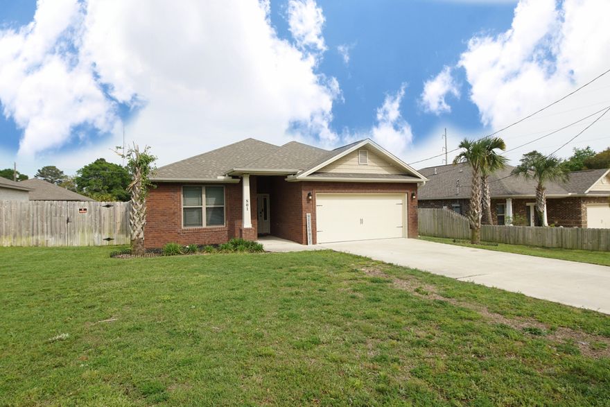 A rare find: Construction completed in 2020. A home with four bedrooms two baths. Open floor plan with 9 & 10 ft. tray ceilings with lighting. Contemporary interior design. Subway tile in the kitchen. Lovely colors. The kitchen has granite countertops with a breakfast bar. Custom cabinets has the soft close drawers, Stainless steel appliances and walk-in pantry. Covered patio wired for the game & backyard grilling. The large yard is ready for a playground, pool. and more.  Less than 10 mins. to Eglin Air Force Base and convenient to Hurlbert Fields. Schedule your appointment today.