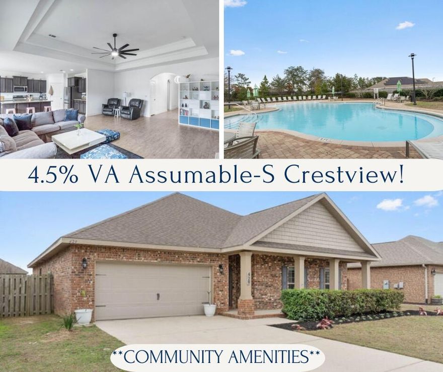 Welcome home to Redstone Commons,located in a sought after South Crestview community. This location is central to Shoal River Middle/Riverside Elementary (across the street!), less than 2 miles to N Okaloosa Medical Hospital/Marshall's Shopping Plaza, and 20 minutes to 7SFG/Duke Field. Please see feature sheet detailing the 'extras' that come with this home-NOT included in new construction. The Victoria floorplan features high ceilings w/tray accents, which makes the home live LARGE. Massive kitchen is open to the living space & overlooks the backyard, allowing it to be *the* spot for entertaining. Owners have enclosed/screened in the covered back patio, which is a very nice feature you will not find in competing new construction homes. The 36x16 pool is 4ft deep & great for backyard lap swimming. Community also offers: pool, clubhouse, dog park, playground, community events. VA Assumable Loan @ 4.5% interest rate and short gap between loan balance/sales price. Ask your Realtor for details!