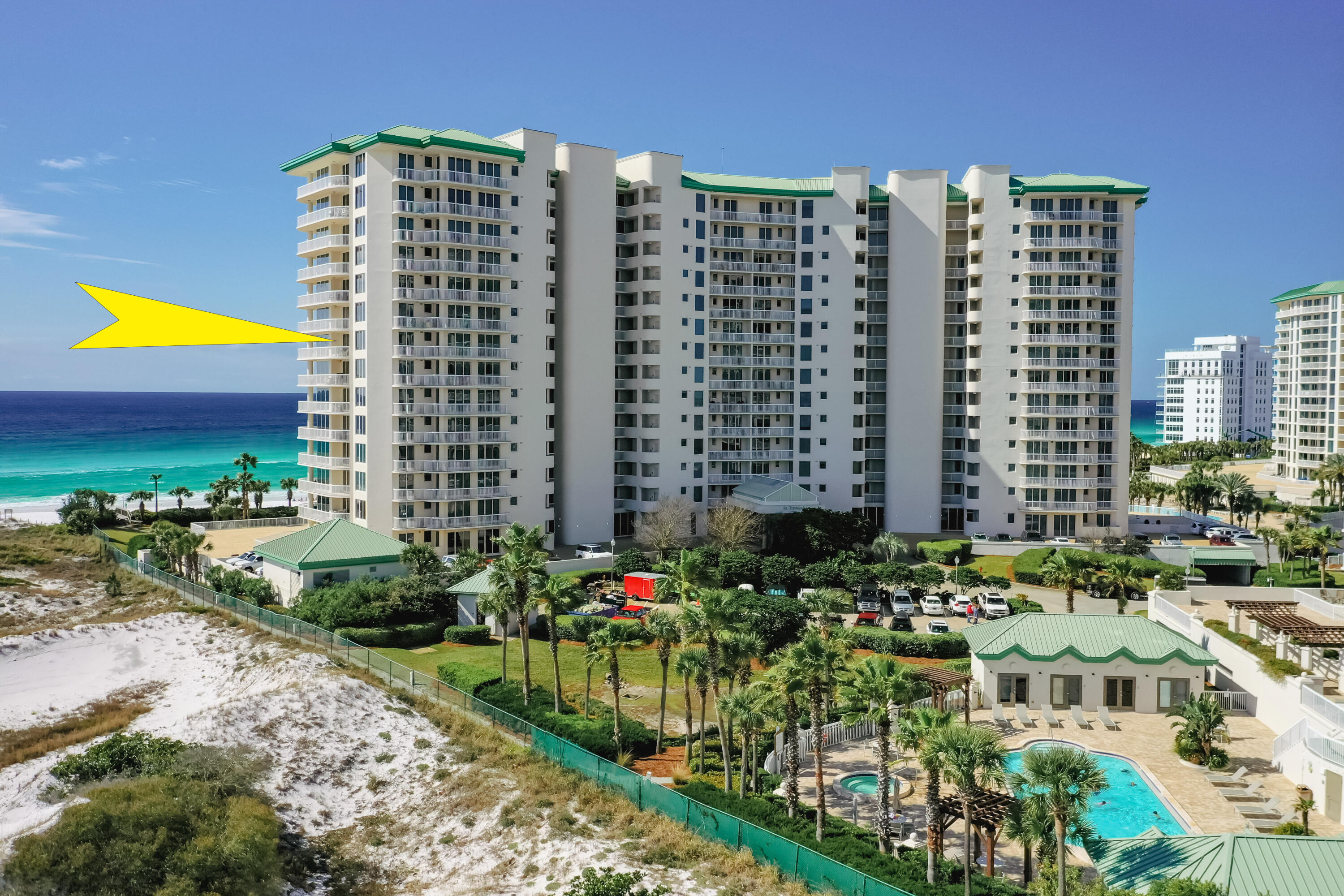 FULLY FURNISHED! TURNKEY! This rare corner unit is located on the 8th floor and offers the best of Gulf-front living in an elegant package. The views are extra stunning due to St. Thomas' fantastic location bordering Henderson Beach State Park on the east and the beach and greenery of Silver Shells' community park to the south/west. Enjoy the beautiful dunes, white sand beach, sea life and birds, and of course our magical Gulf sunrises and sunsets-whether indoors or out! The foyer off the semi-private elevator opens to the open kitchen/living/dining room and its floor-to-ceiling windows. The kitchen features granite countertops, custom wood cabinets, and a breakfast nook that overlooks the breathtaking views of the Gulf of Mexico. The HVAC units are brand new.