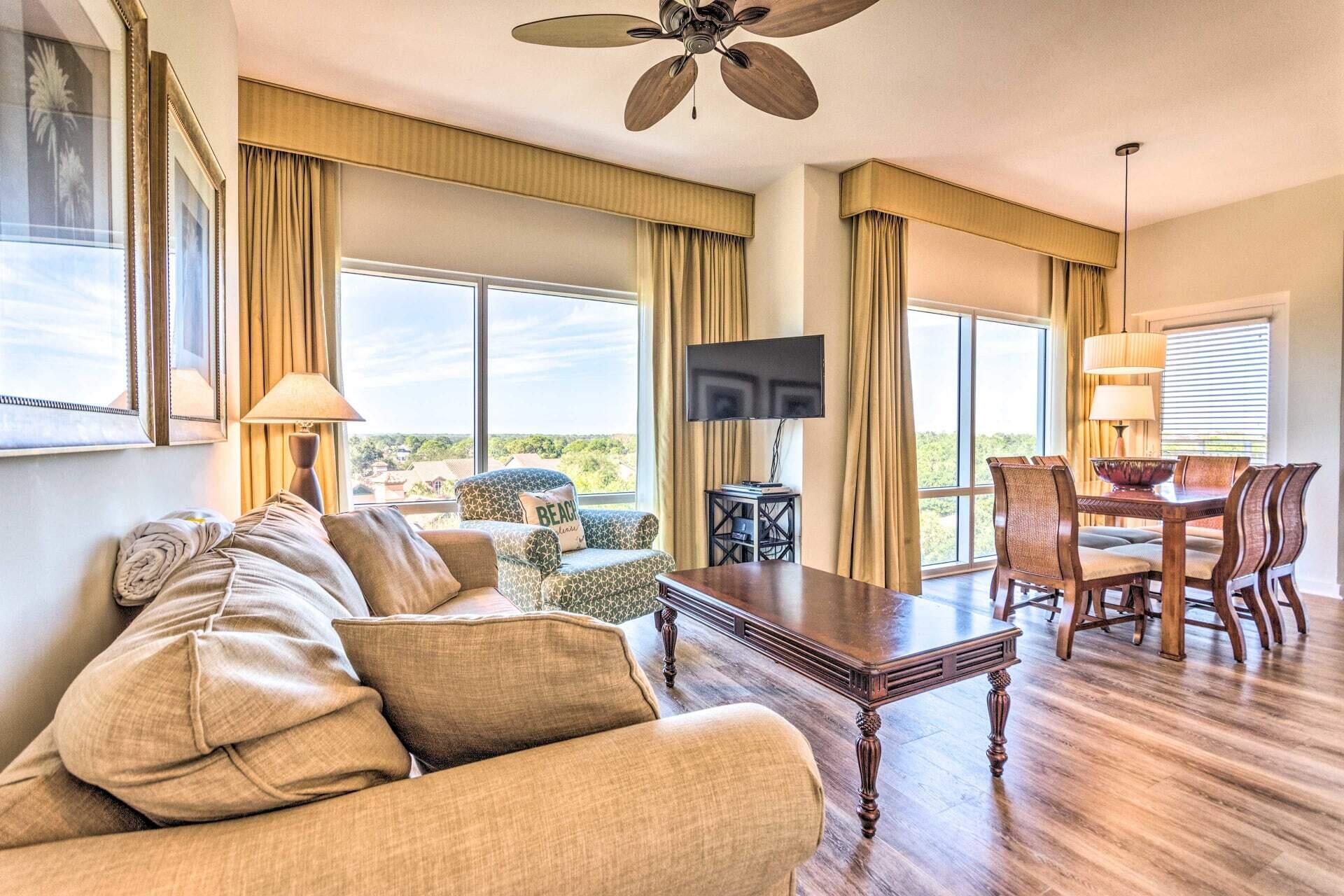 FULLY FURNISHED WITH ALL UTILITIES INCLUDED! This fantastic 1-bedroom, 1.5 bath condo is located on the 5th floor and offers peek-a-boo views of the Gulf of Mexico. Enjoy beautiful sunrises over the Gulf of Mexico while you sip your morning coffee from the private balcony. The condo features a king bed as well as a sleeper sofa for your overnight guests. You will love the ease and convenience of the proximity to the beach, Dunes putting course, and the Beach House restaurant. Luau offers an on-site fitness center, sundeck, and an oasis getaway with a resort style pool, relaxing waterfall, hot tub, seasonal tiki hut, and grilling area. This condo is available for a 6-month lease beginning late September, come relax and enjoy the luxurious resort lifestyle!