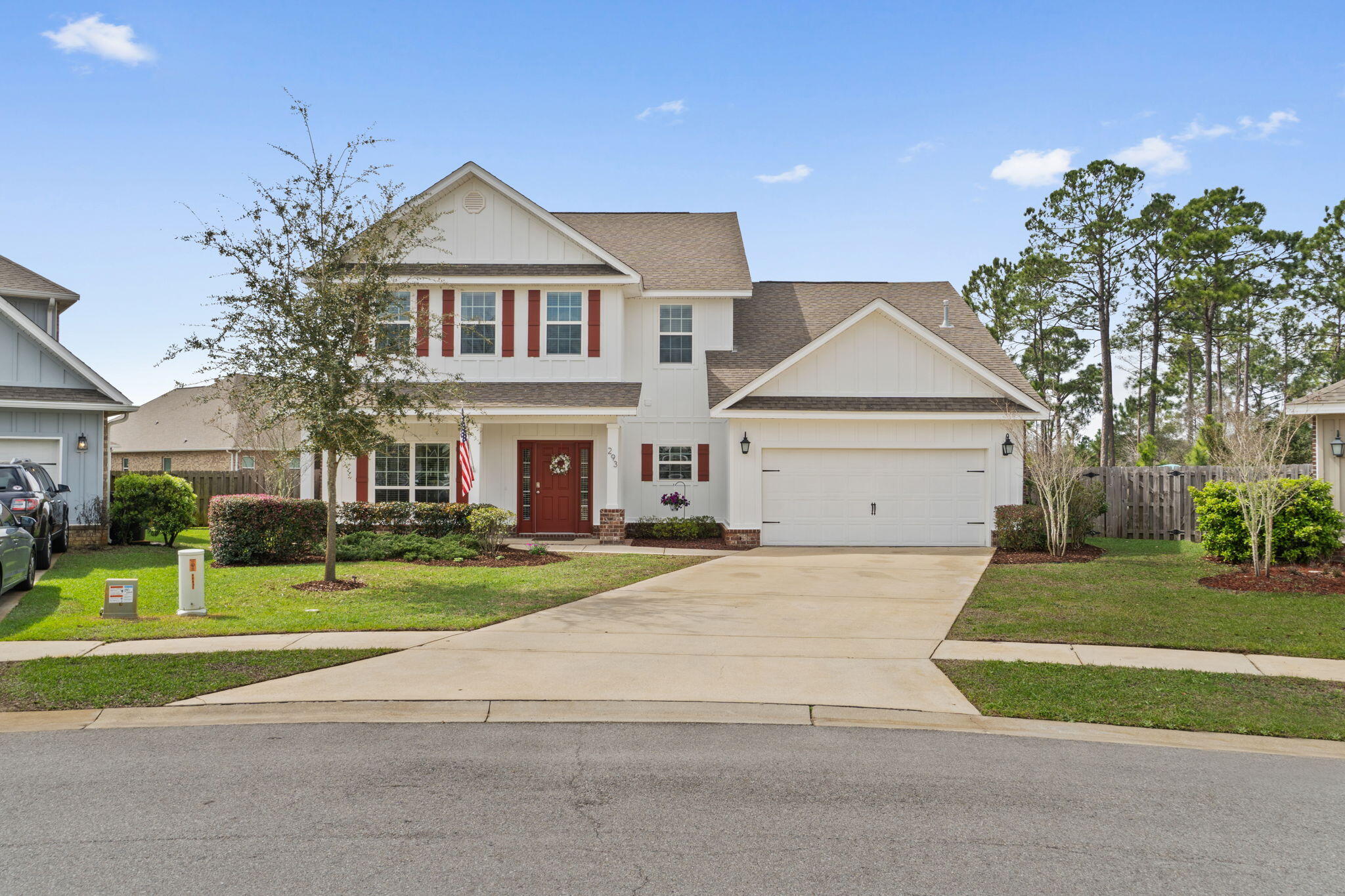 Experience luxury living in The Eleanor, a stunning 4BR/3.5BA 2-story home with a sprawling game room. As soon as you enter, you'll be drawn to the grand living area featuring a soaring vaulted ceiling and a warm, inviting fireplace. Custom trim and detail adorn every door and window, adding a touch of elegance to this already impressive space.The home features one guest room with a private ensuite bath, offering a serene escape for family or guests. Step outside to the fully fenced backyard, where you can soak up the sun in the brand new in-ground pool, or unwind in the hot tub after a long day. Enjoy al fresco dining on the screened patio, surrounded by nature with no homes directly behind. This is Florida living at its finest! Come and see for yourself.