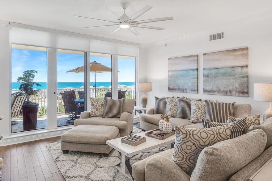 Experience gulf views from each room of this 8th floor condo located within a rental restricted building. Sold furnished with a GEM car and golf cart space. This condo is low-maintenance and conveys with a membership to the private Beach Club within Sandestin, a deeded golf cart parking space, a one-year-old GEM car, storage cage and one parking space in the underground parking deck. Enjoy magnificent sunsets from the spacious balcony. A split floor plan provides privacy for owners and guests. The kitchen is equipped with quartz counters and stainless appliances. Wood plank tile flooring extends through the living area and kitchen. Take in serene gulf views from the owner's suite, which boasts a walk-in closet, bath with oversized soaking tub and walk-in shower and private balcony access.