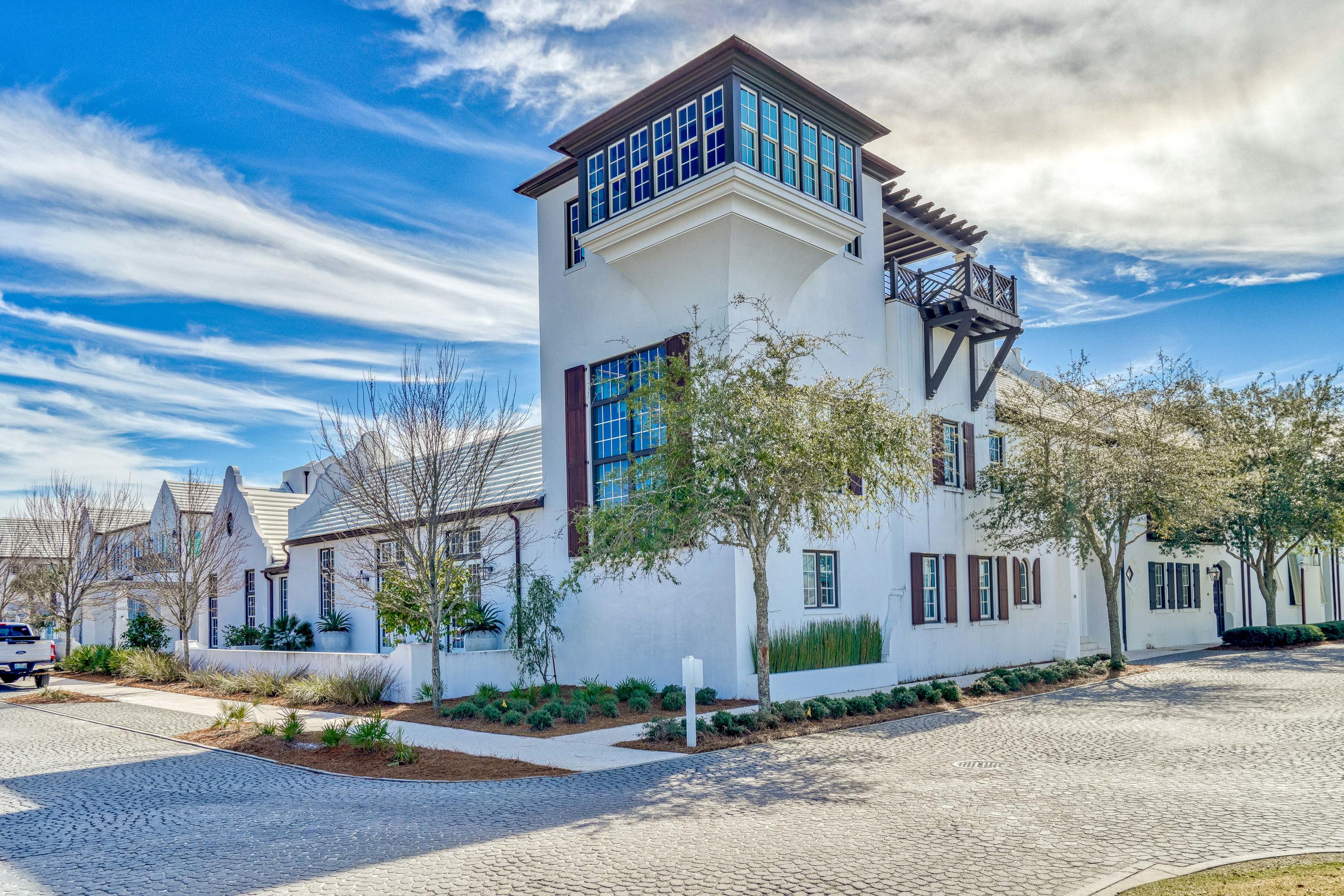 A refined sophistication defines this incredible Alys Beach residence, custom designed by T.S. Adams Studio Architects for full time living yet well suited for a vacation rental retreat or luxurious second home getaway. Five bedrooms with ensuite bathrooms, two half bathrooms, a full pool bathroom and over 4,600 square feet comfortably entertains. Additional property highlights include three living spaces, dual master suites, an elevator servicing all three levels, a 2-car garage plus storage, Gulf view tower and over 3,000 square feet of outdoor space with private pool and loggia. From the moment you enter the property one notices the meticulous attention to detail found throughout including mahogany gates and doors, Moroccan tile, intricate lighting and Dominican shell stone flooring.