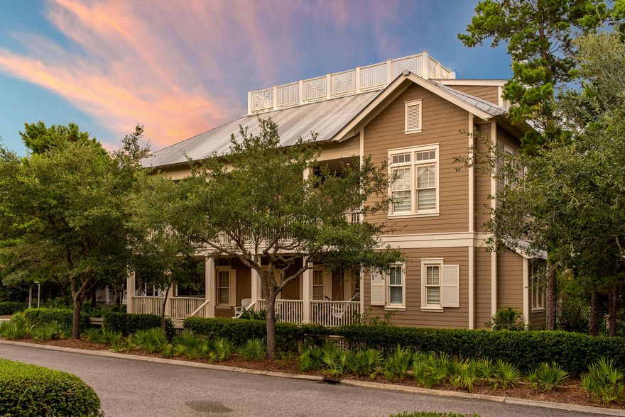 Welcome to this beautiful Florida Beach house designed by renowned architect, Bill Harrison, that is accented with subtle Southern touches and located on a prime corner lot in Phase 3 Watercolor. As you approach this home, you will see it surrounded by lush, natural vegetation and augmented by two massive wrap-around porches that invite you inside. Stepping through the front door brings you into a beautiful long hall way flanked by two bedrooms with gracious on suites and access to the covered porch. The hallway culminates into a lovely foyer with access to an additional bedroom and the spacious master suite and master bath that has double vanities, a large soaking tub, standup shower, and walk-in closet.