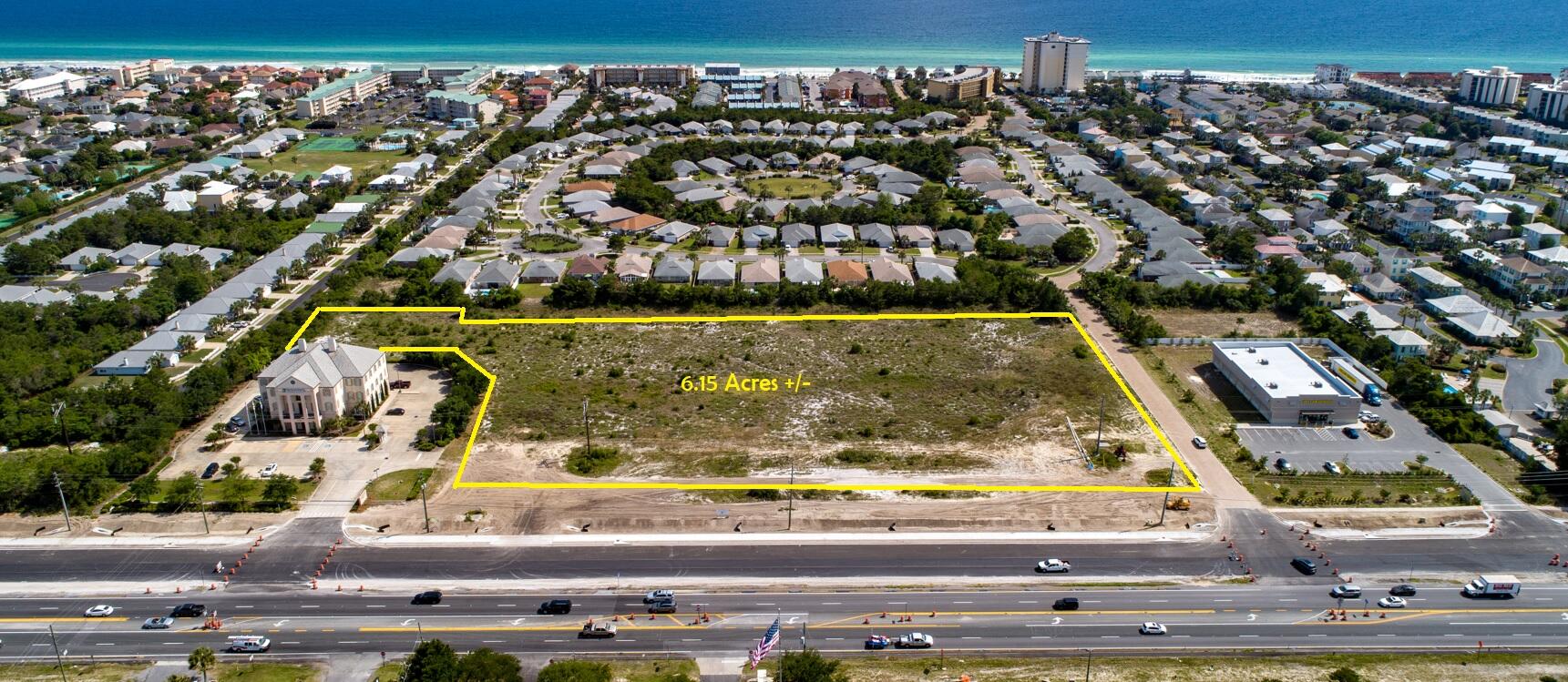 Prime Commercial / Mixed Use Development Opportunity in Miramar Beach, FL.  This High & Dry 6.15 acres sits along Highway 98 with a traffic count over 50,000 cars per day (FDOT 2021).  This property can be purchased as a whole or subdivided into outparcels. The seller is willing to entertain a Sale, Ground Lease or Build to Suit.  This parcel has 125,000 SF Mixed Use density entitled within this PUD.  Frontage Outparcels ~ $32/SF (Lots 1 {1.5 acre} Lot 2 {1.7 acre}; Rear Parcel ~ $24/SF (2.8 acres)  Offsite Retention creating more buildable square footage.