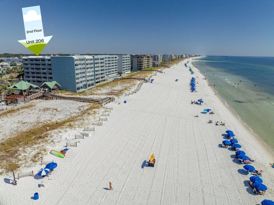 2BR GULF VIEW condo - Islander Unit 206 offers an attractive getaway with stunning beach views from your approx 30-foot private balcony. Fully furnished & turn-key ready featuring 2 king bedrooms, 2 full baths, smart TVs, and a queen Murphy bed (cabinet-sleeps 2). Full-size washer/dryer in-unit. Enjoy beachfront living with resort-style amenities: heated 20'x80'pool, w/ restroom, shower area and access lift for guests needing assistance; BBQ area, Shuffleboard, Event Venue, Gym/Fitness Room and direct beach access.  Located on Okaloosa Island, part of the beautiful Emerald Coast in Northwest Florida.